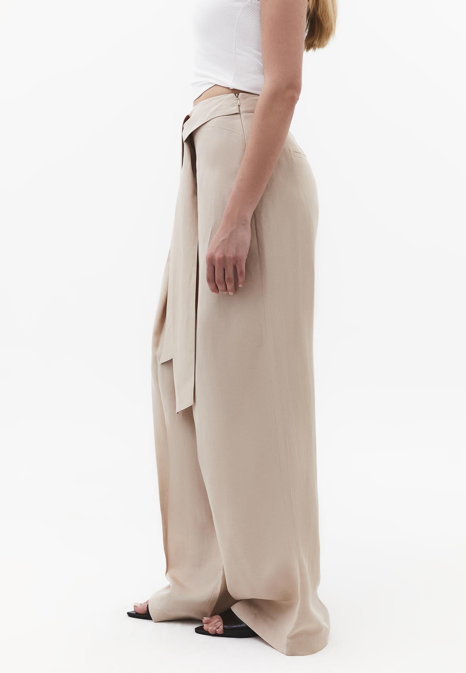 Belted High Waist Wide Leg Pants - FEATHER GRAY
