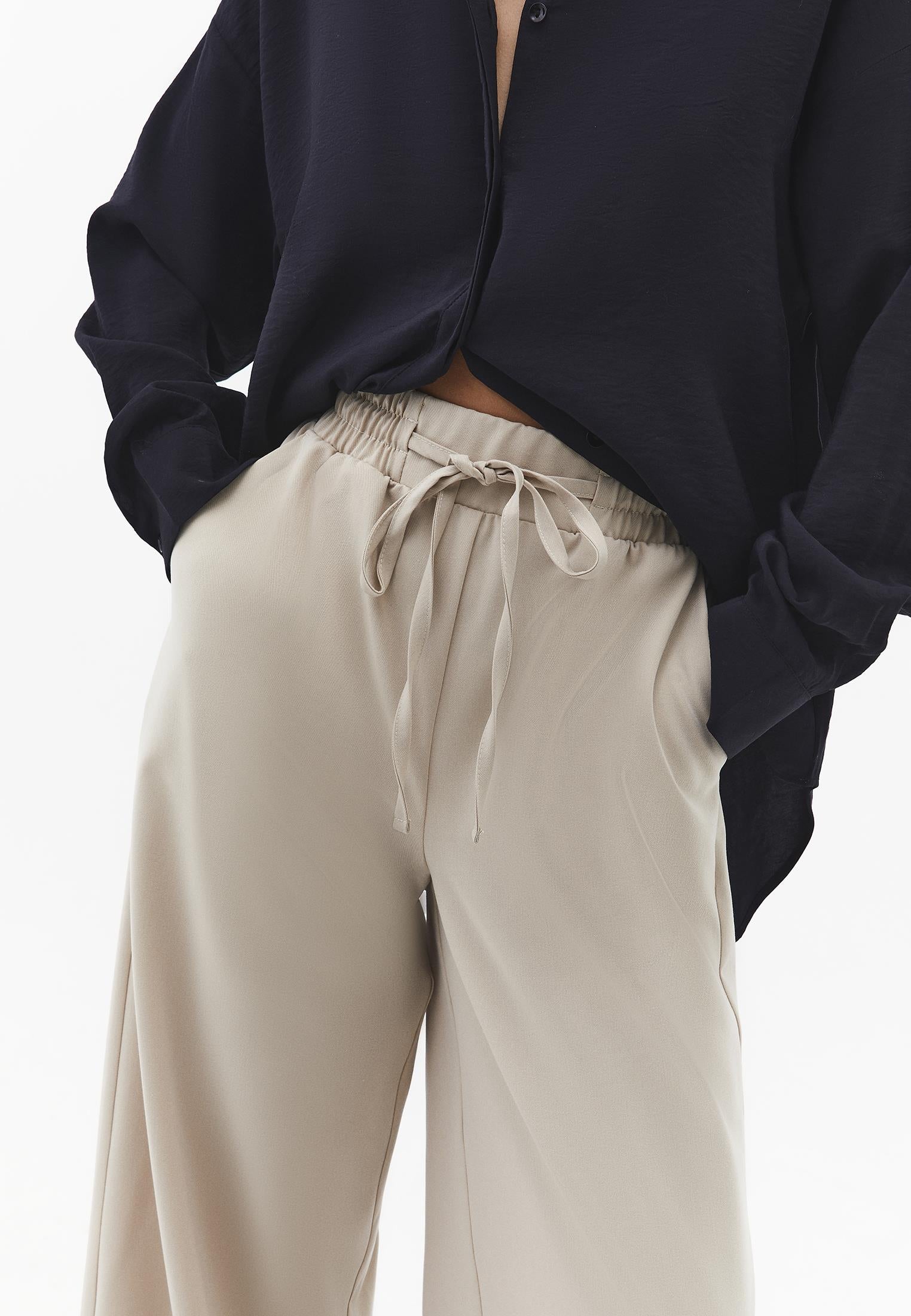 Wide Leg High Waist Elastic Waistband Pants - FEATHER GRAY