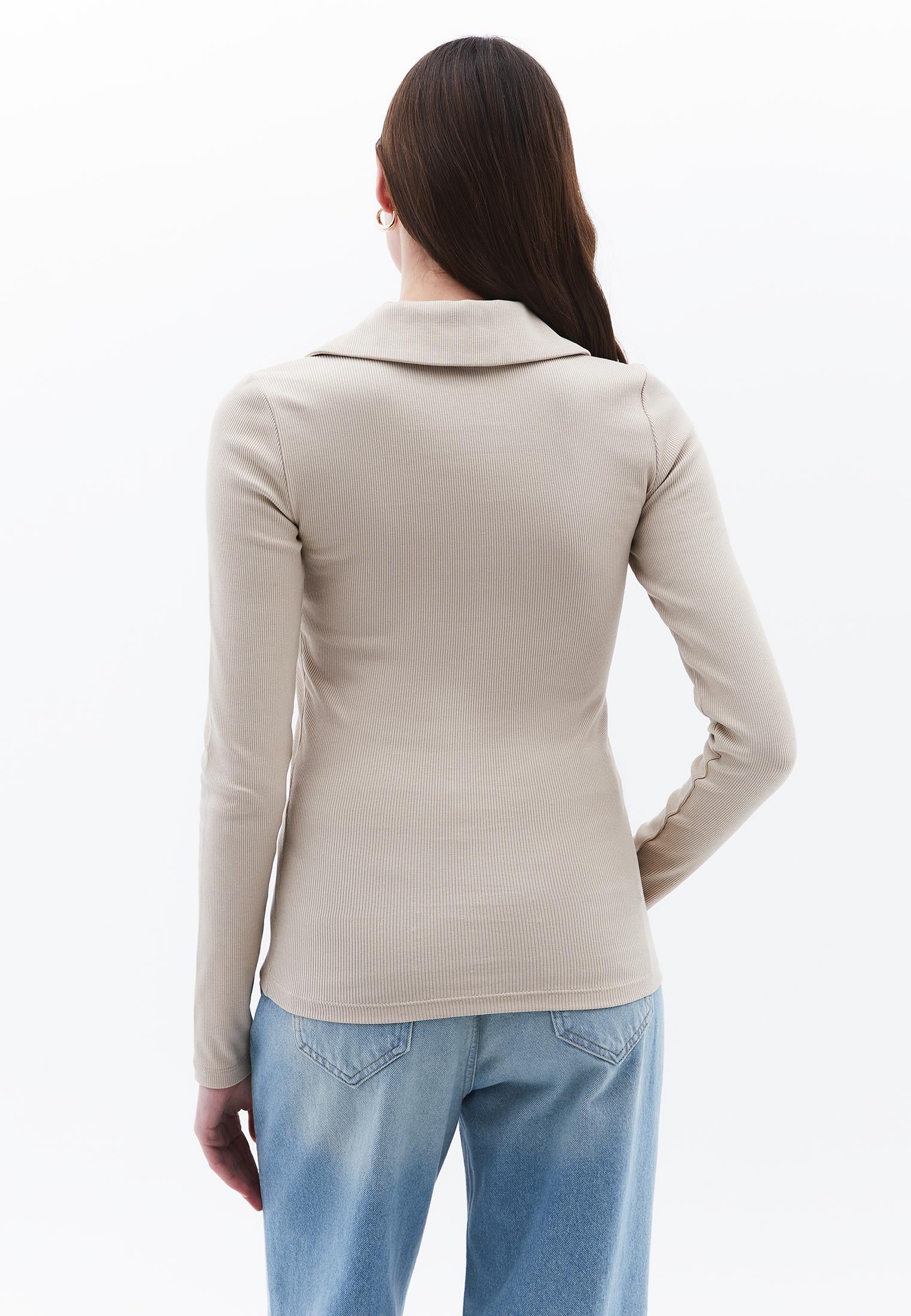 Long Sleeve Polo Collar Zipper Detail T-Shirt - FEATHER GRAY