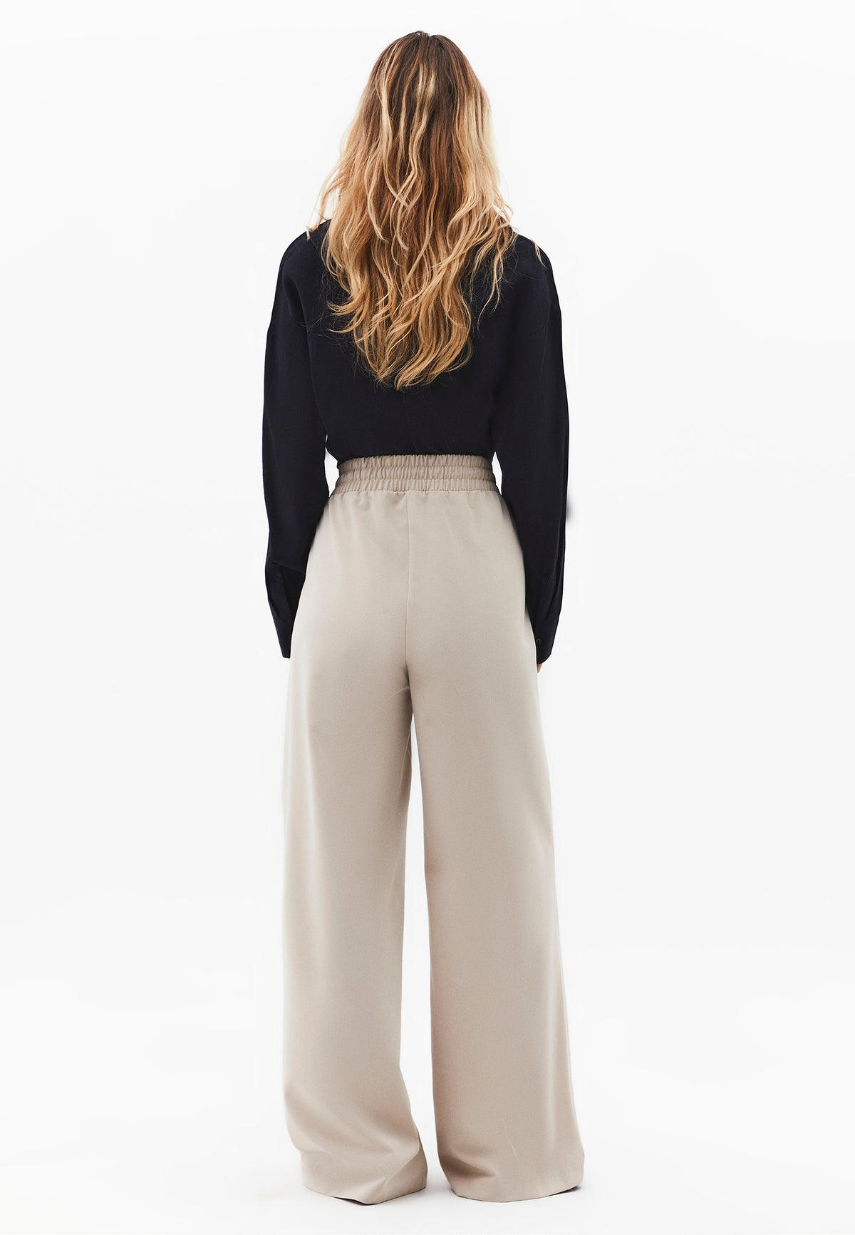 Wide Leg High Waist Elastic Waistband Pants - FEATHER GRAY