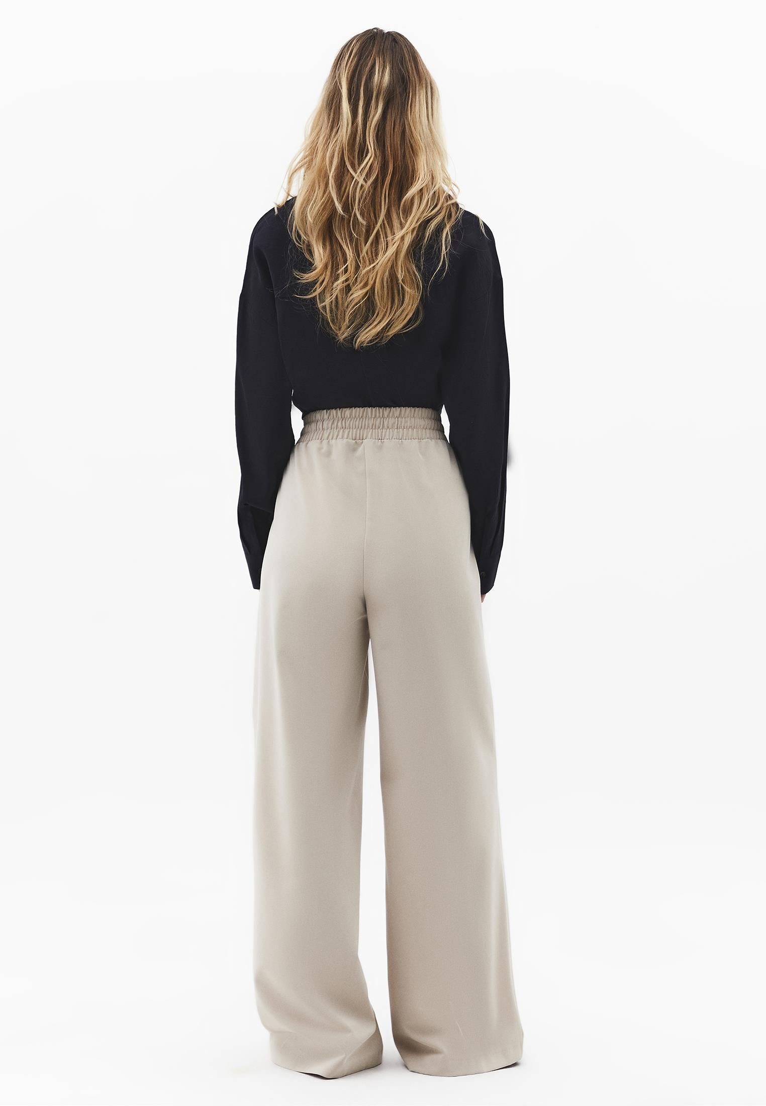 Wide Leg High Waist Elastic Waistband Pants - FEATHER GRAY