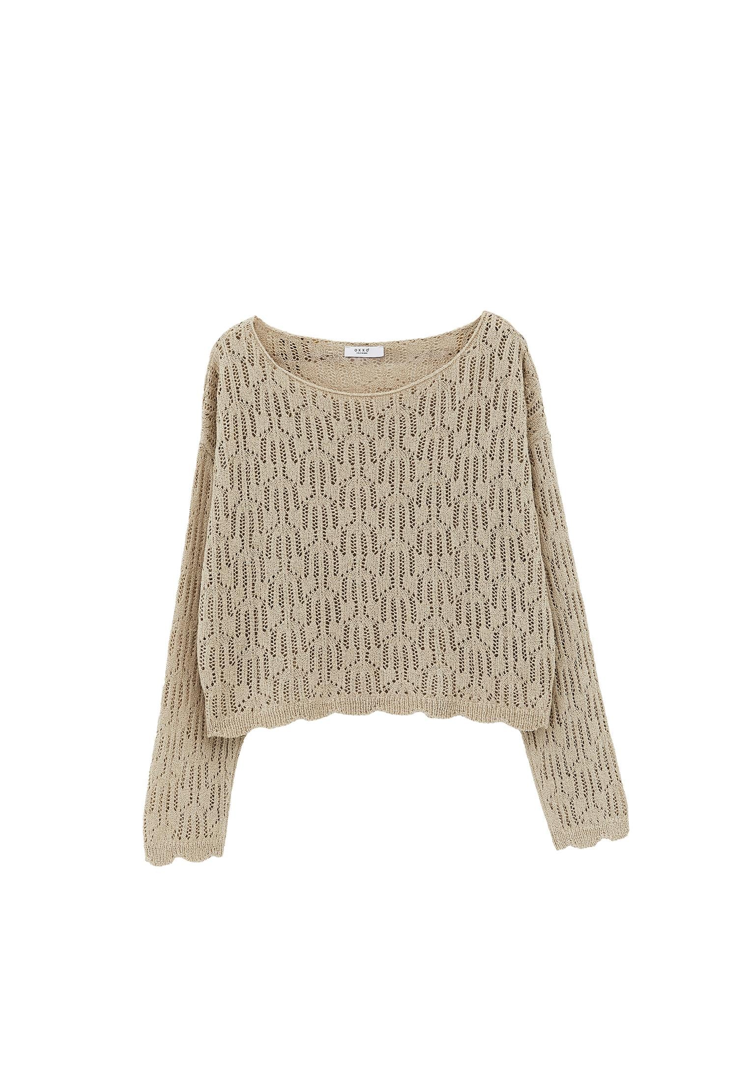 Openwork Boat Neck Sweater - FEATHER GRAY