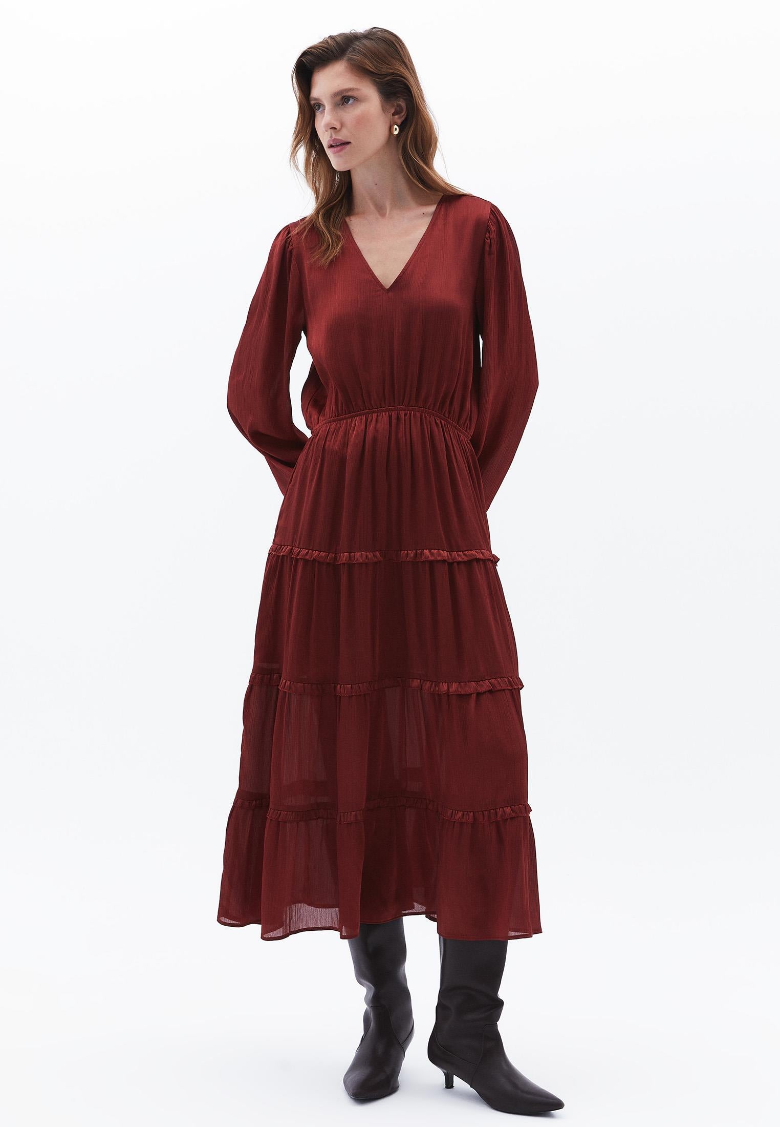 Long V-Neck Dress - FIRED BRICK