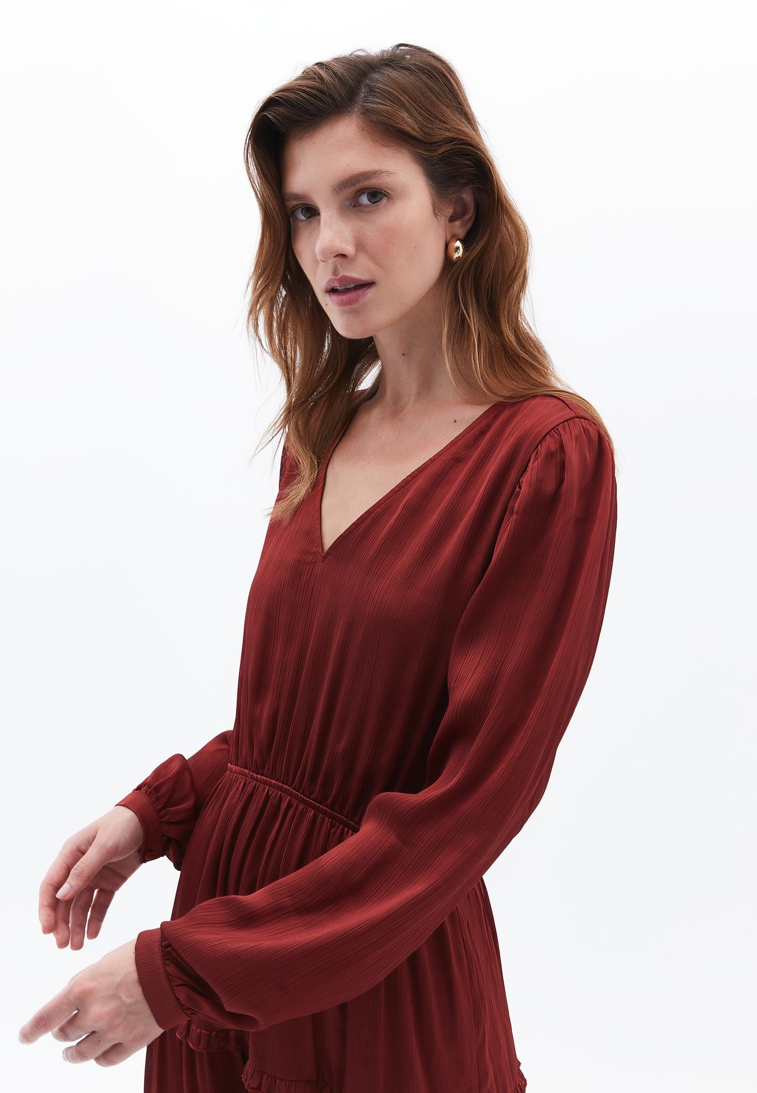 Long V-Neck Dress - FIRED BRICK