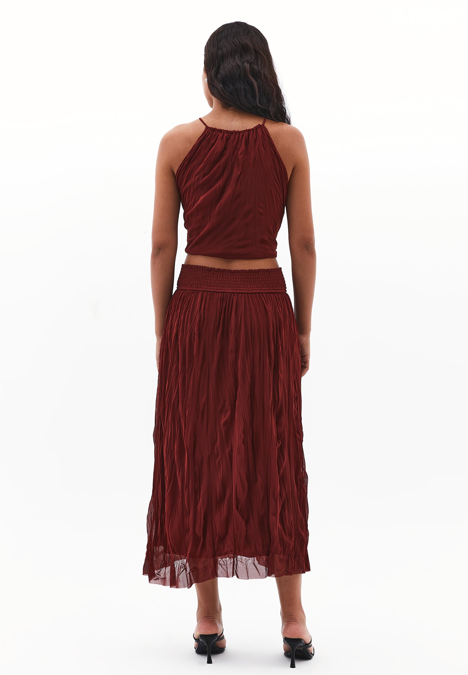 Wrinkled Look Midi Skirt - FIRED BRICK