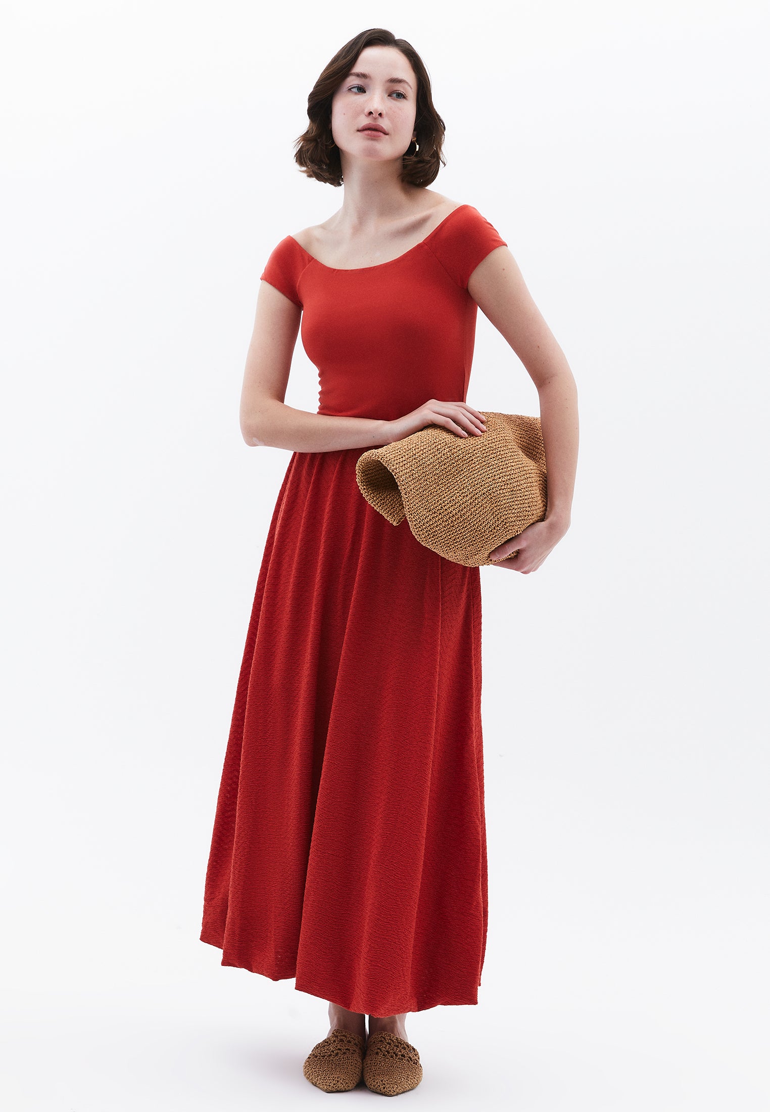 Off Shoulder Balloon Form Midi Dress - FIRE WHIRL