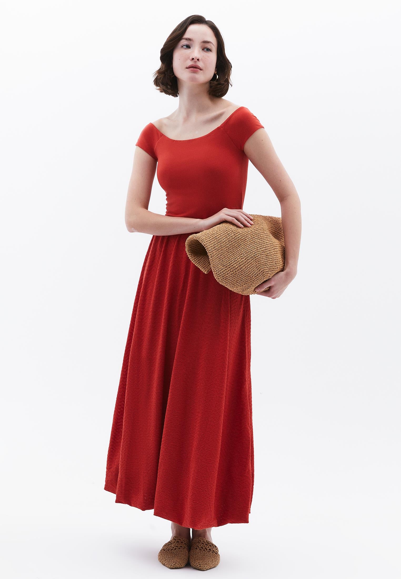 Off Shoulder Balloon Form Midi Dress - FIRE WHIRL