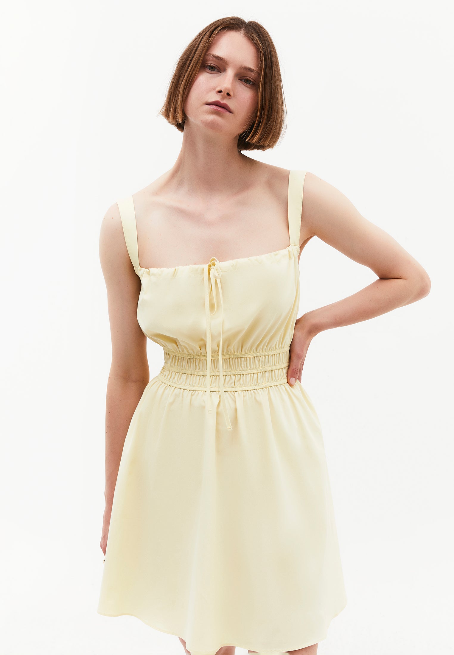 Strappy Square Neckline Short Dress With Bow And Gathered Details - FLAN