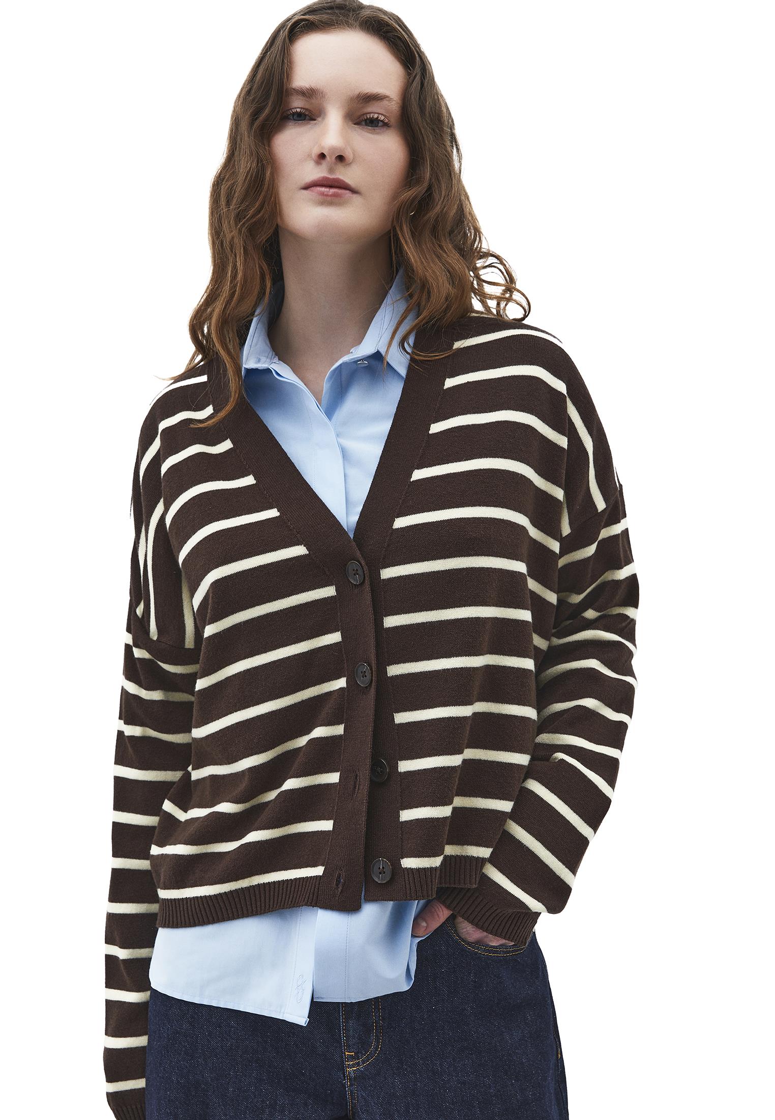 V Neck Striped Loose Knit Cardigan - CHOCOLATE BROWN/FLAN