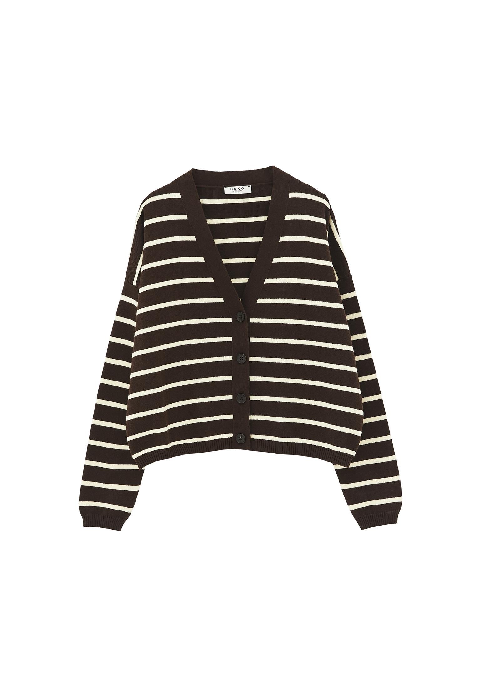 V Neck Striped Loose Knit Cardigan - CHOCOLATE BROWN/FLAN