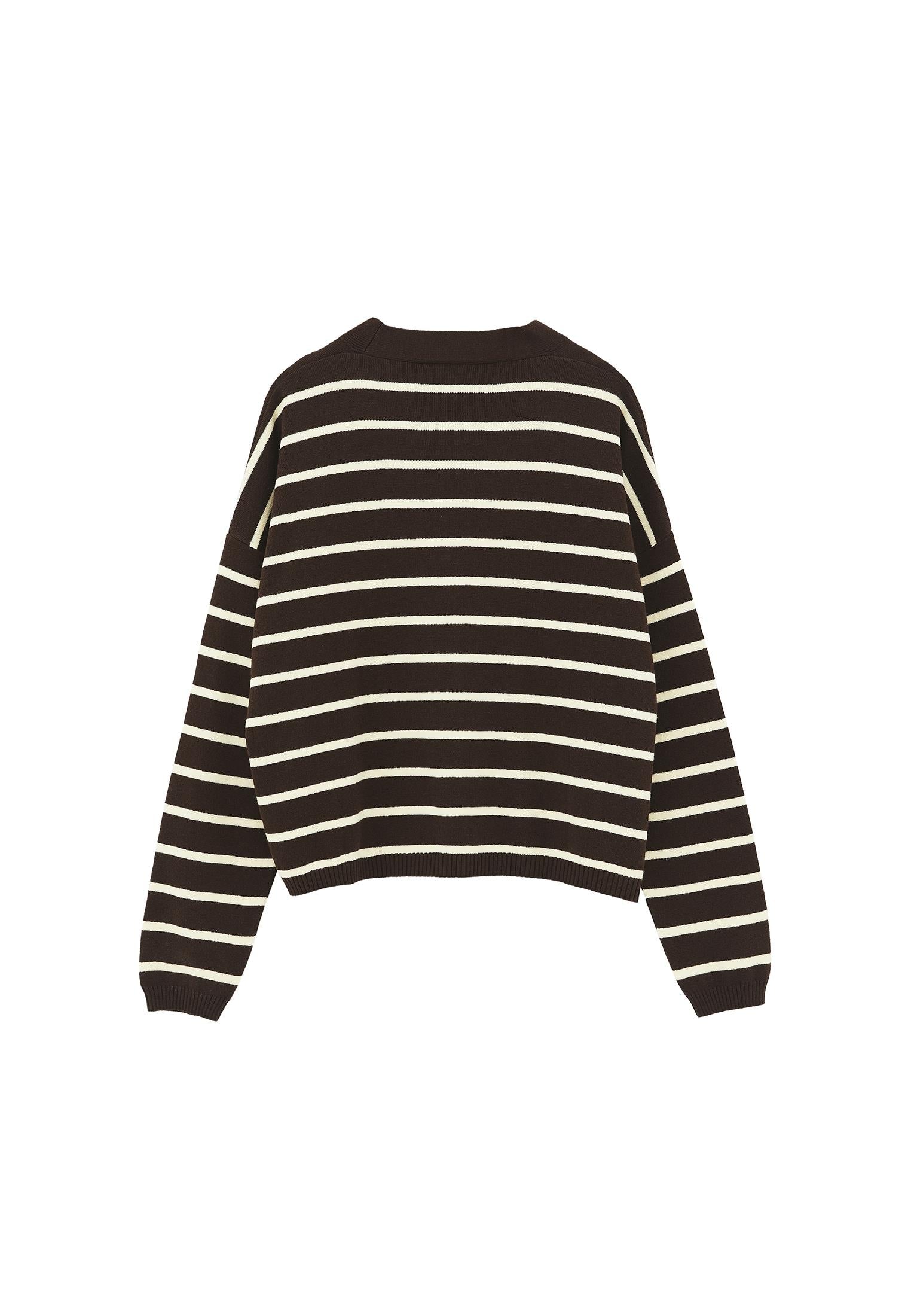 V Neck Striped Loose Knit Cardigan - CHOCOLATE BROWN/FLAN