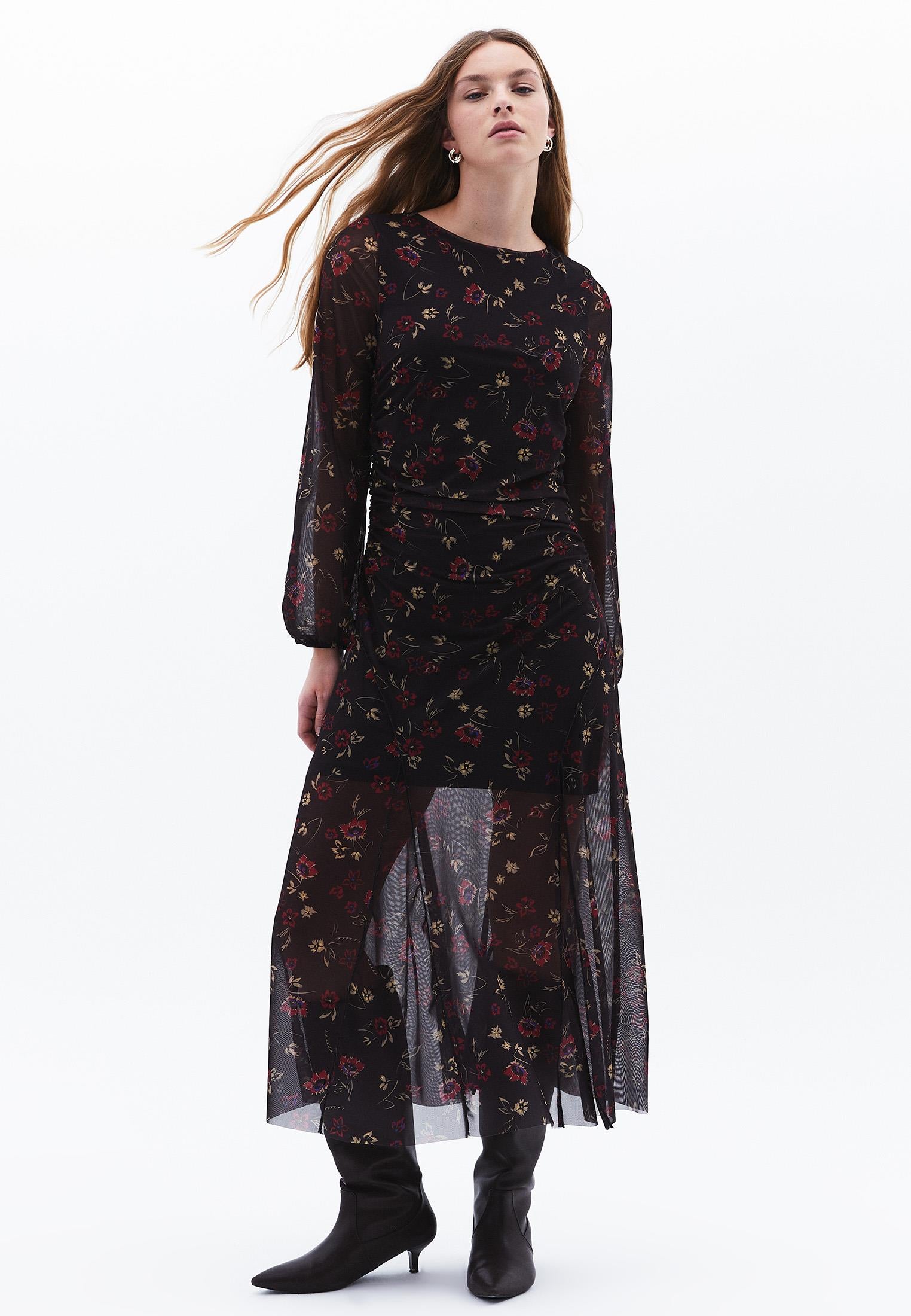 Long A-Line Crew Neck Dress - FLORAL COMB