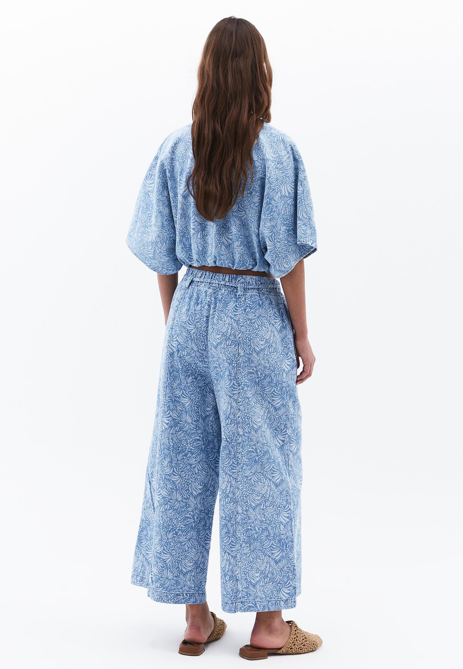 High Waist Culotte Denim Pants - FLORAL DENIM