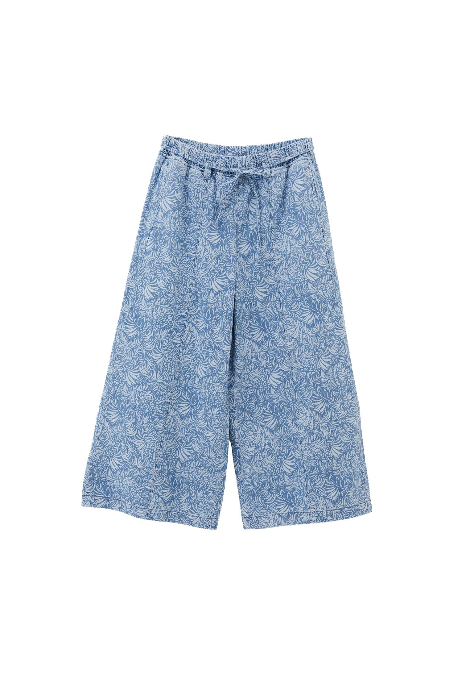 High Waist Culotte Denim Pants - FLORAL DENIM