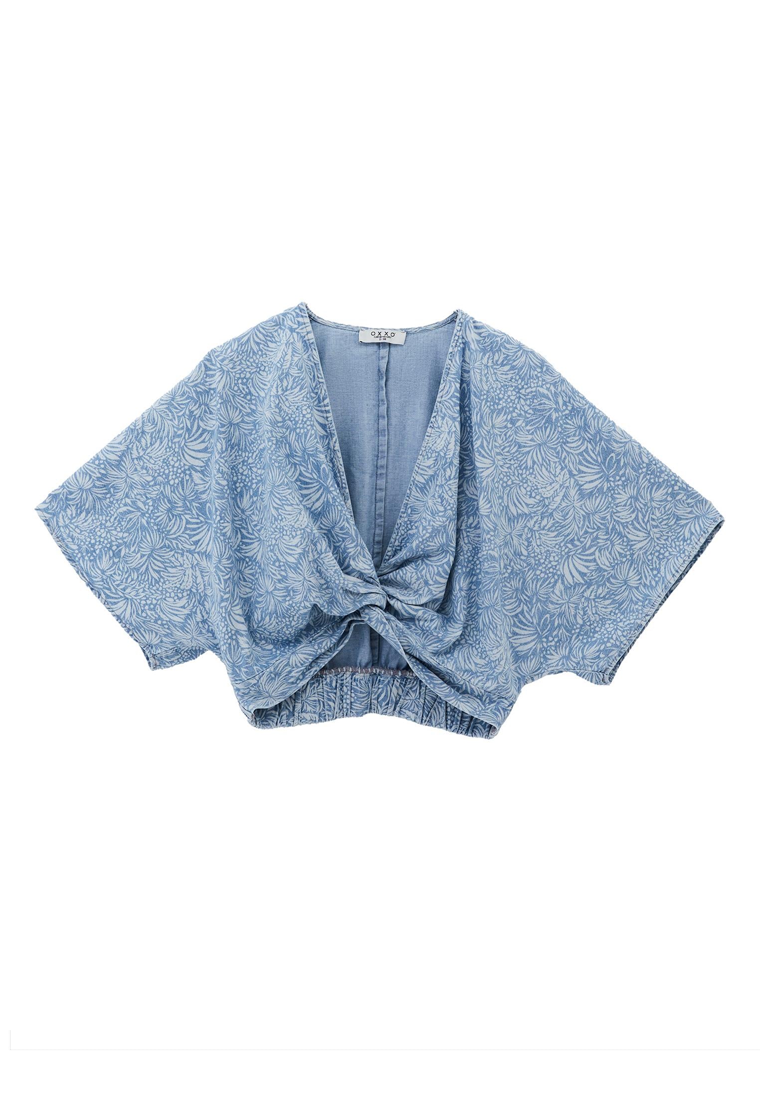 Twisted V Neck Blouse - FLORAL DENIM
