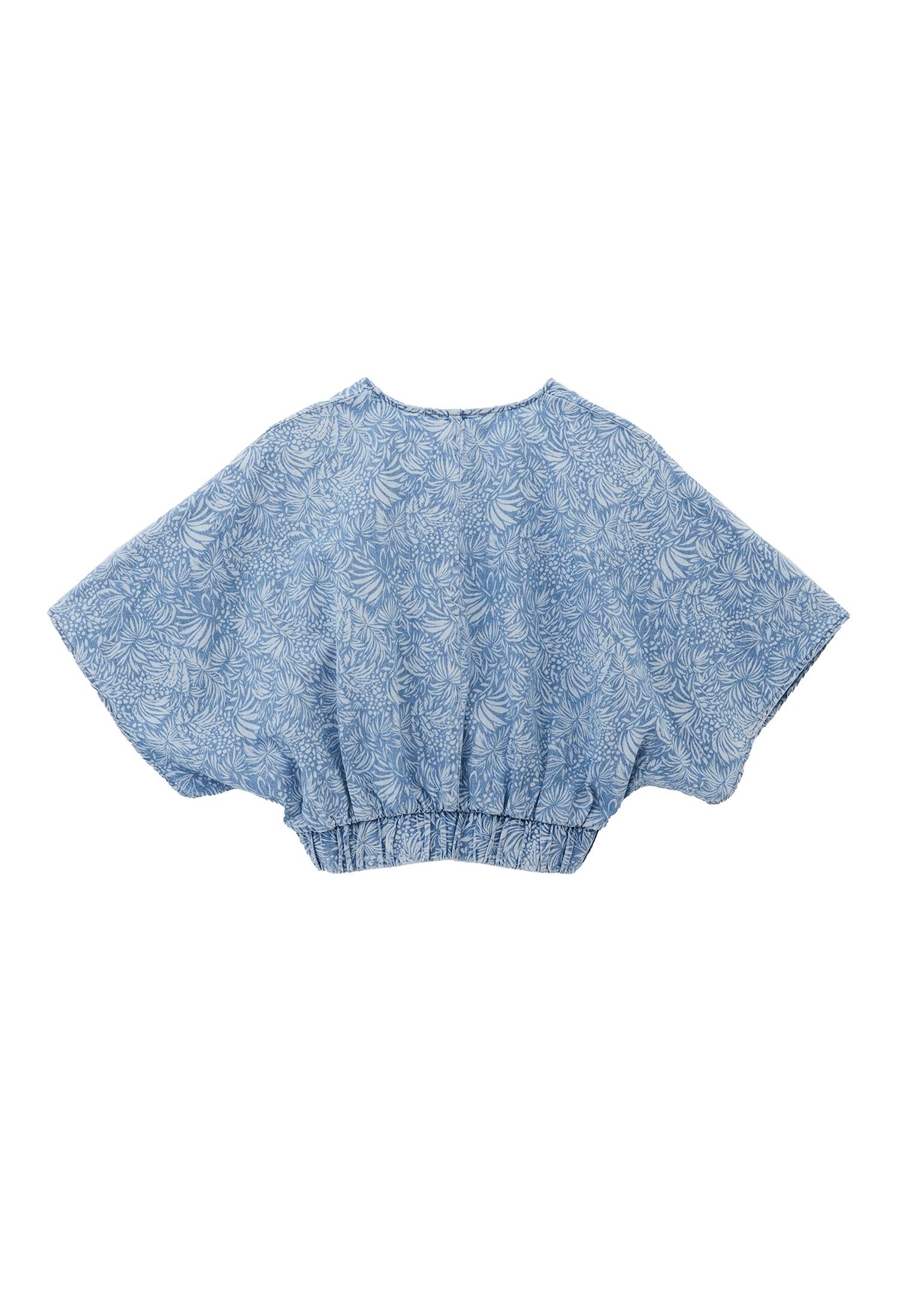 Twisted V Neck Blouse - FLORAL DENIM