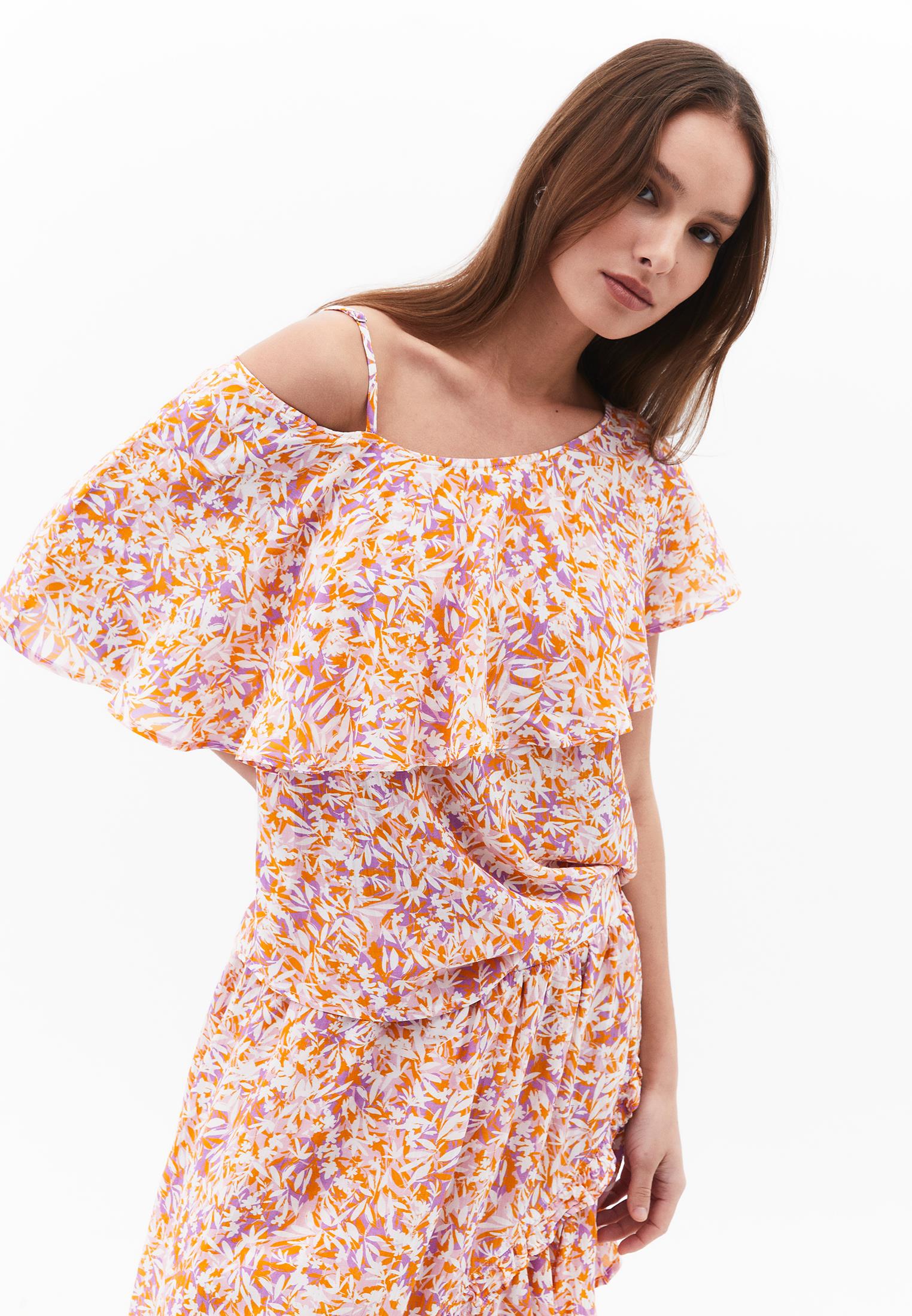 Low Shoulder Sleeveless Ruffle Detailed Blouse - FLORAL PRINT