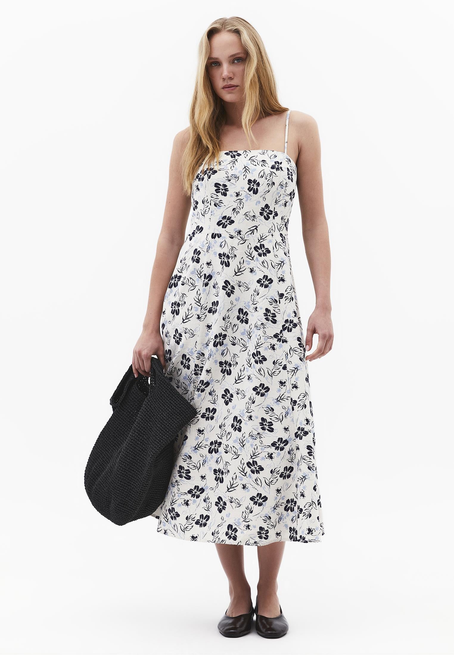 Square Neck Flared Midi Dress - FLORAL PRINT