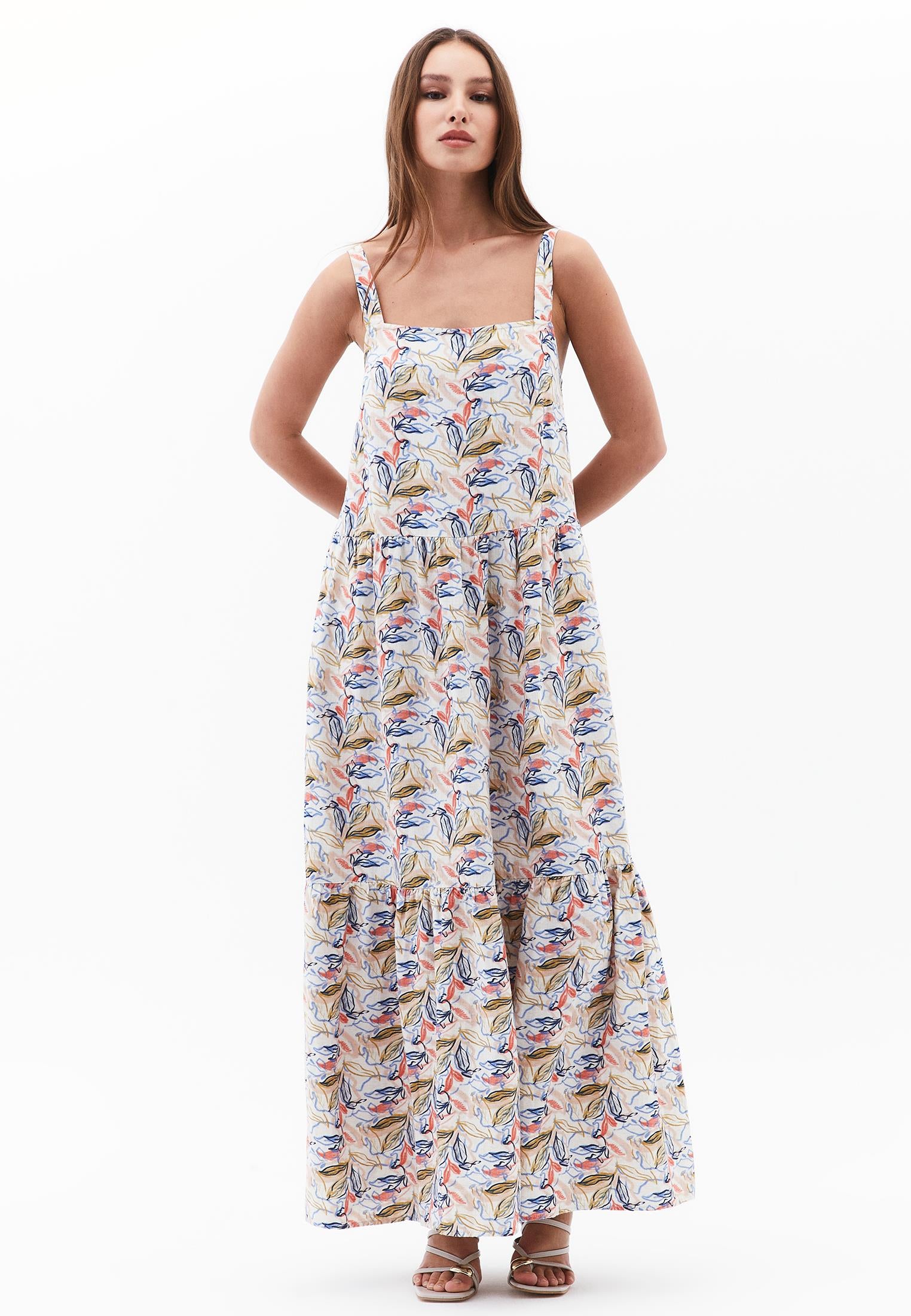 Long A-Line V-Neck Dress - FLORAL PRINT