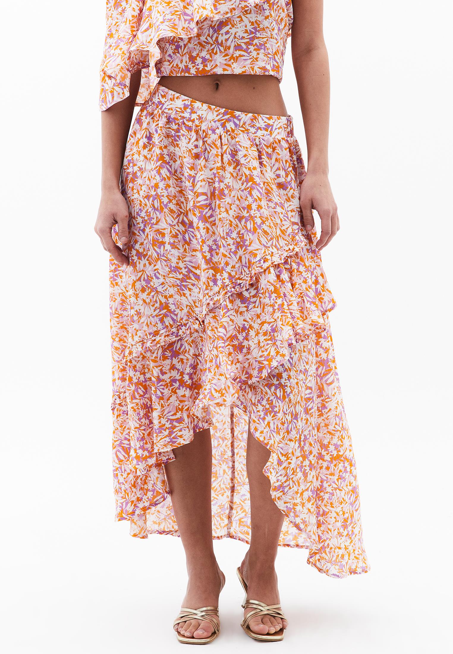 Long High Waist Ruffled A-Line Skirt - FLORAL PRINT