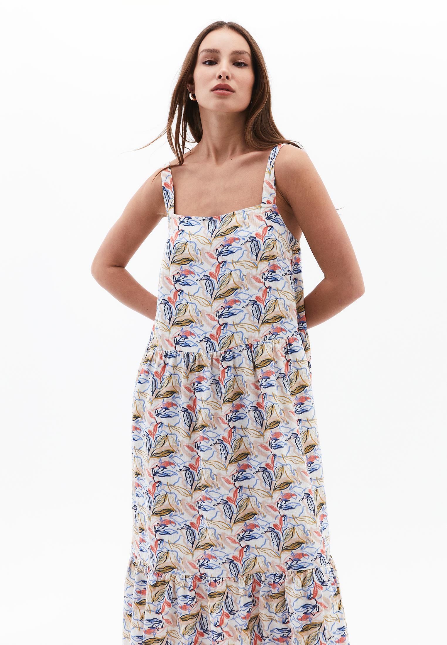 Women's Square Neck Sleeveless Flared Long Dress - FLORAL PRINT