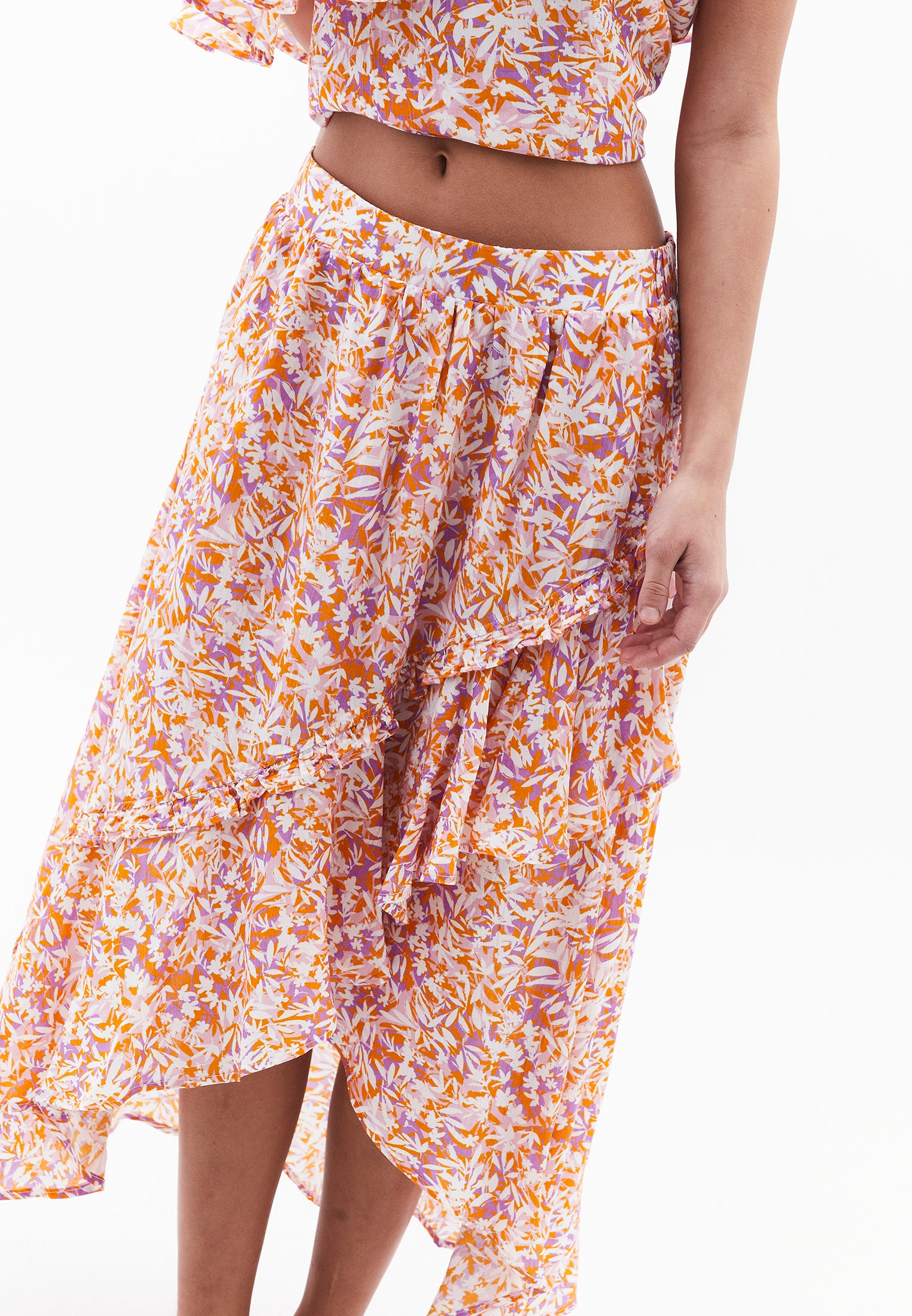 Long High Waist Ruffled A-Line Skirt - FLORAL PRINT