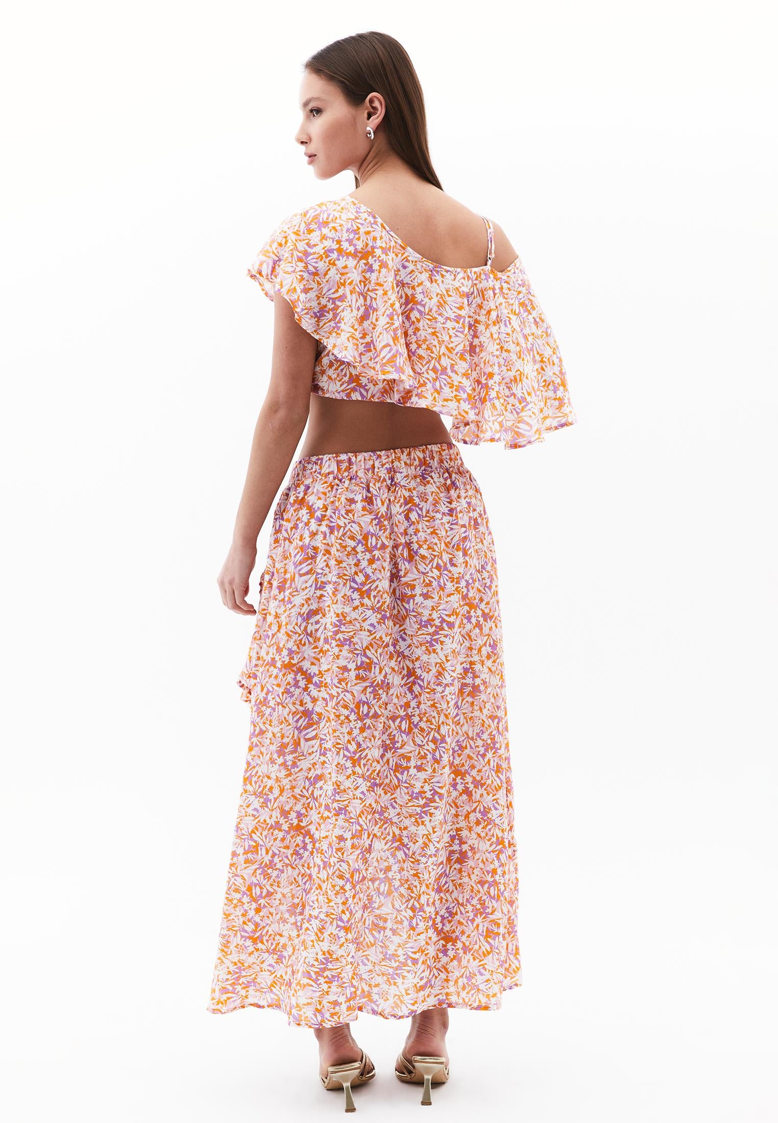 Long High Waist Ruffled A-Line Skirt - FLORAL PRINT