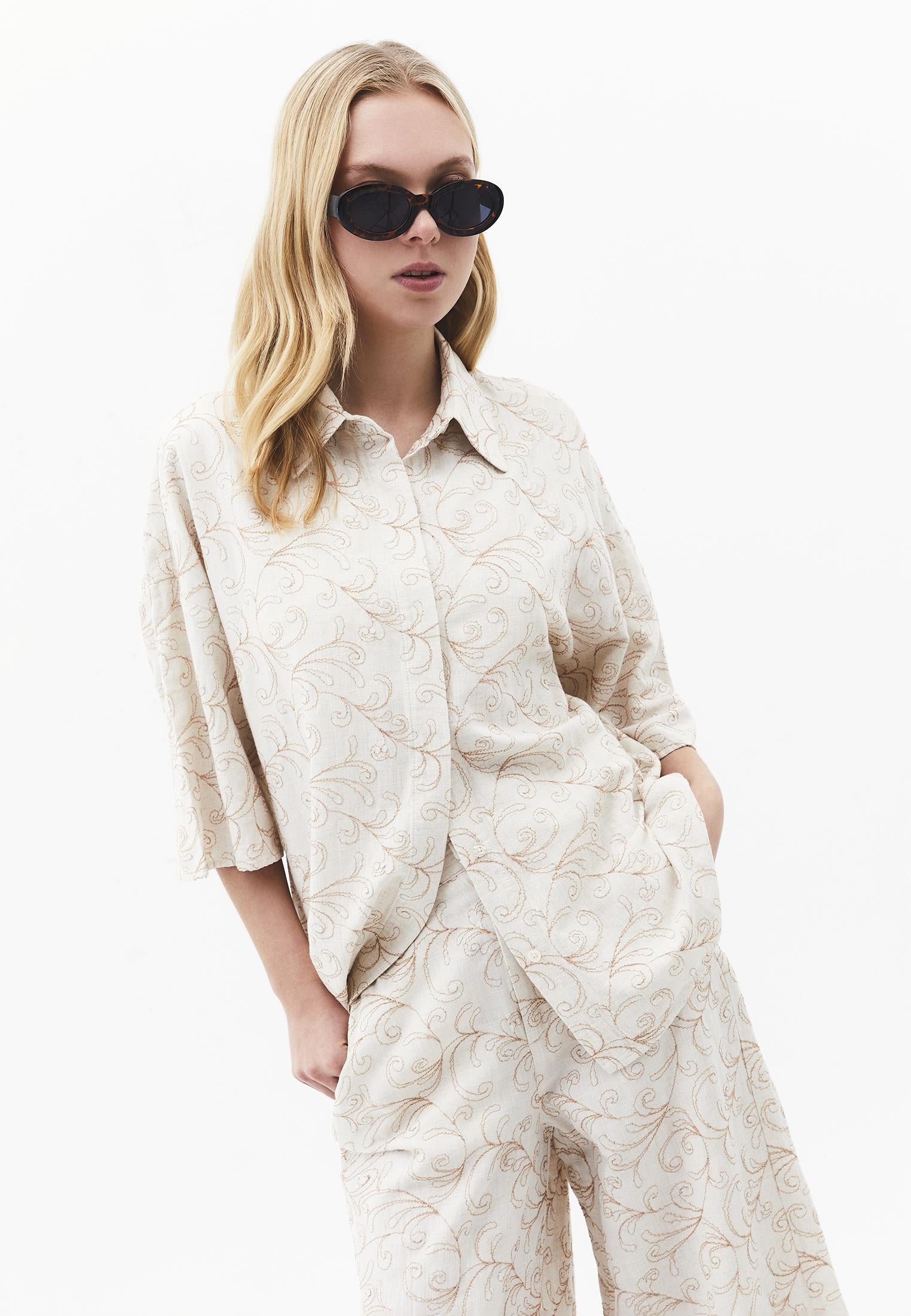Shirt Collar Embroidered Tunic Shirt - FLOWER COMB