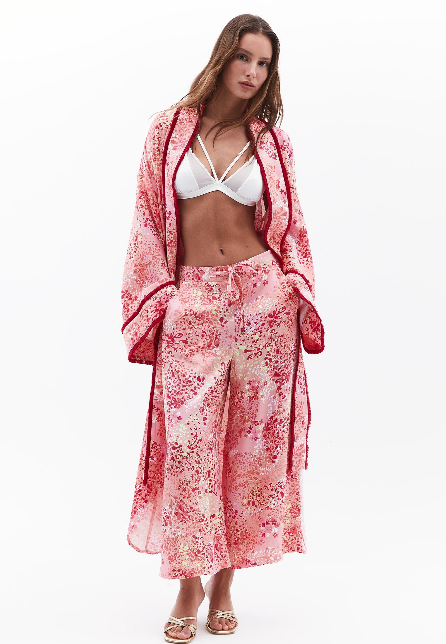 Wide Leg Printed High Waist Pants - FLOWER COMB