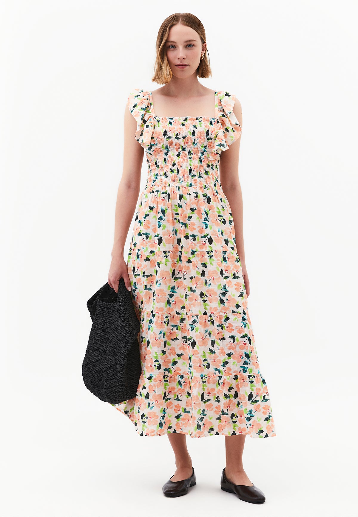Long Dress With Butterfly Sleeves And Square Neckline - FLOWER COMB