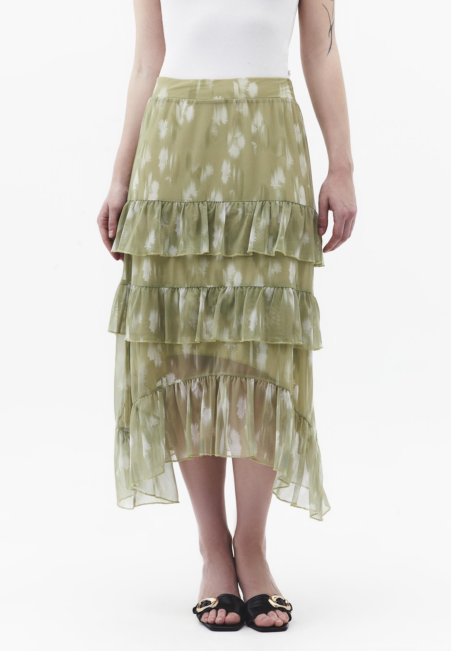 Long High Waist Printed Ruffled Skirt - FLOWER COMB