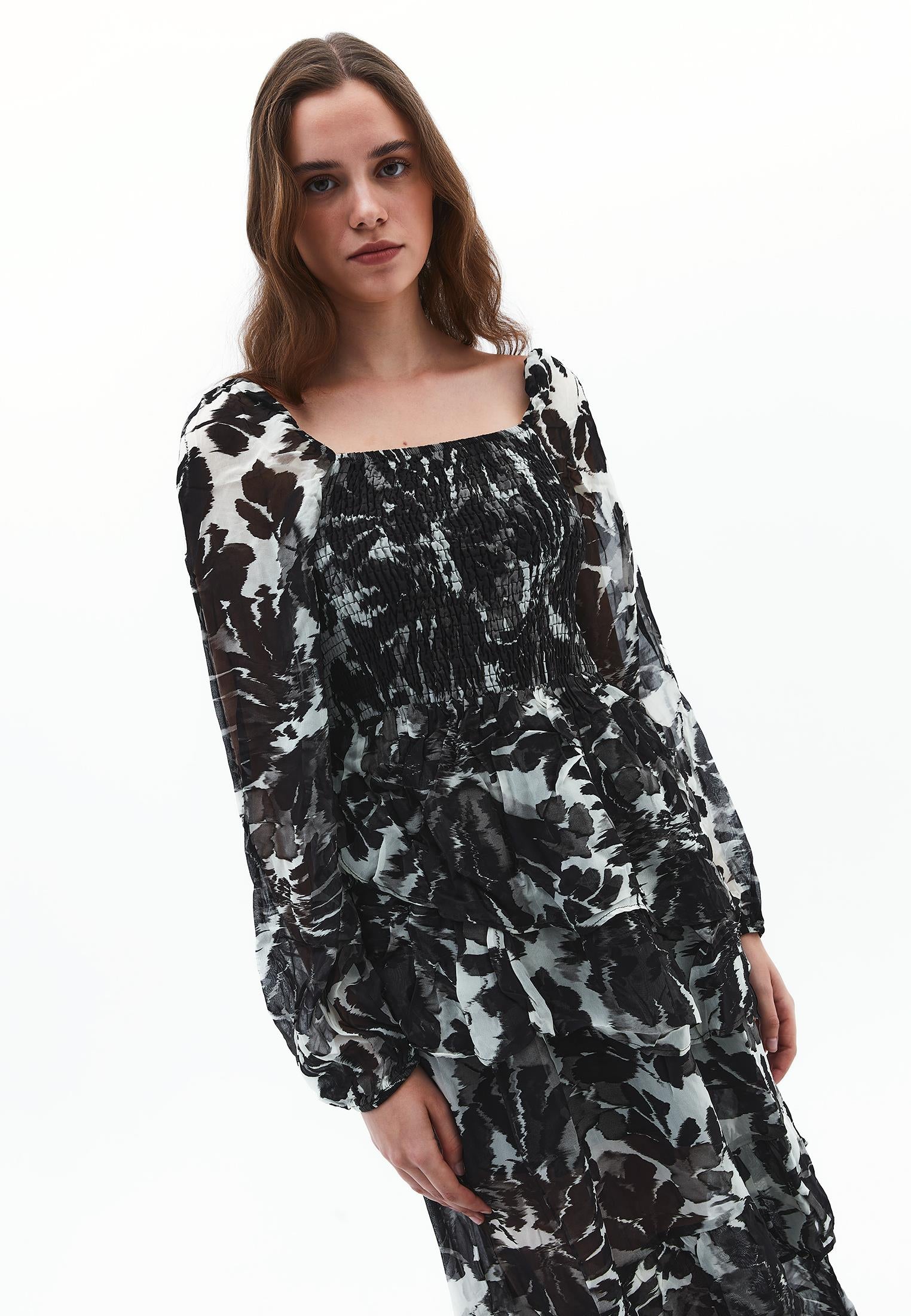 Square Neck Balloon Sleeve Long Dress - FLOWER COMB