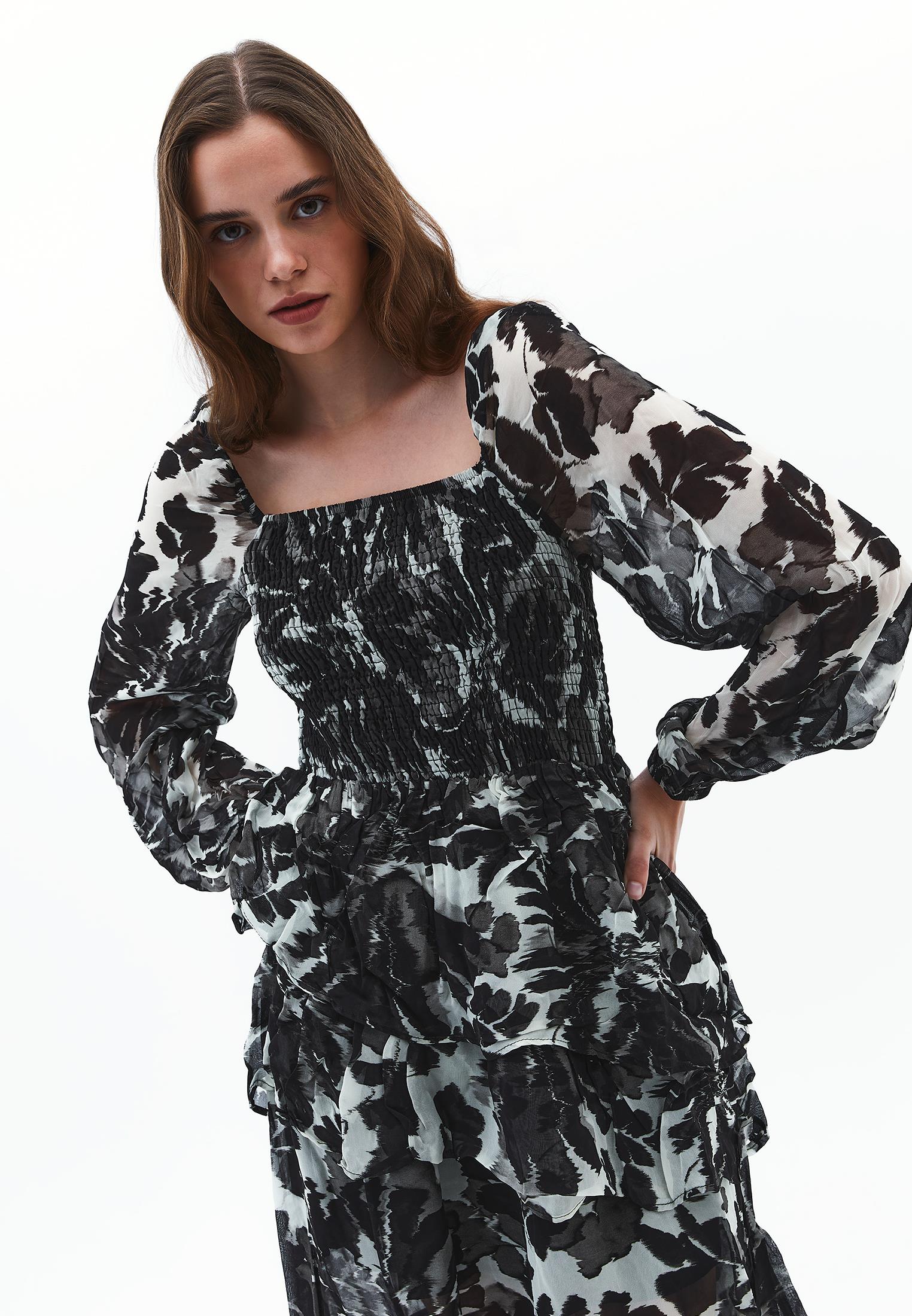 Square Neck Balloon Sleeve Long Dress - FLOWER COMB