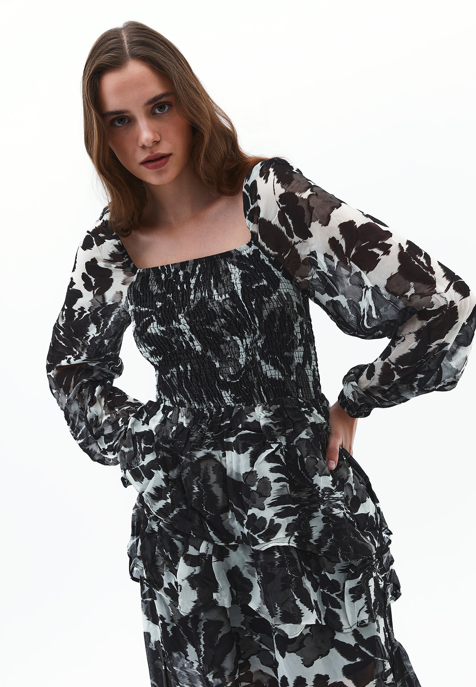 Square Neck Balloon Sleeve Long Dress - FLOWER COMB