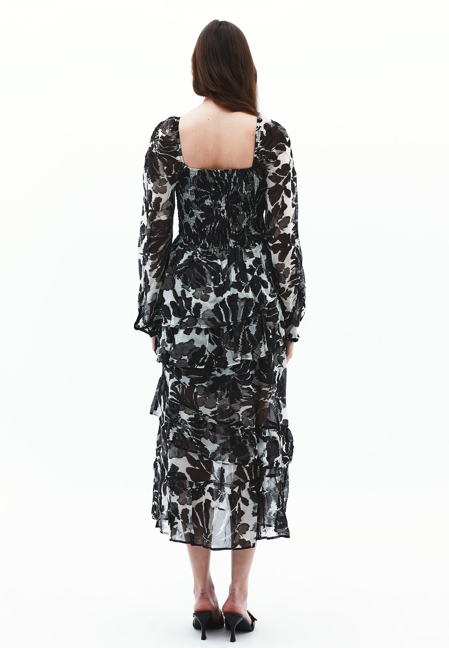 Square Neck Balloon Sleeve Long Dress - FLOWER COMB