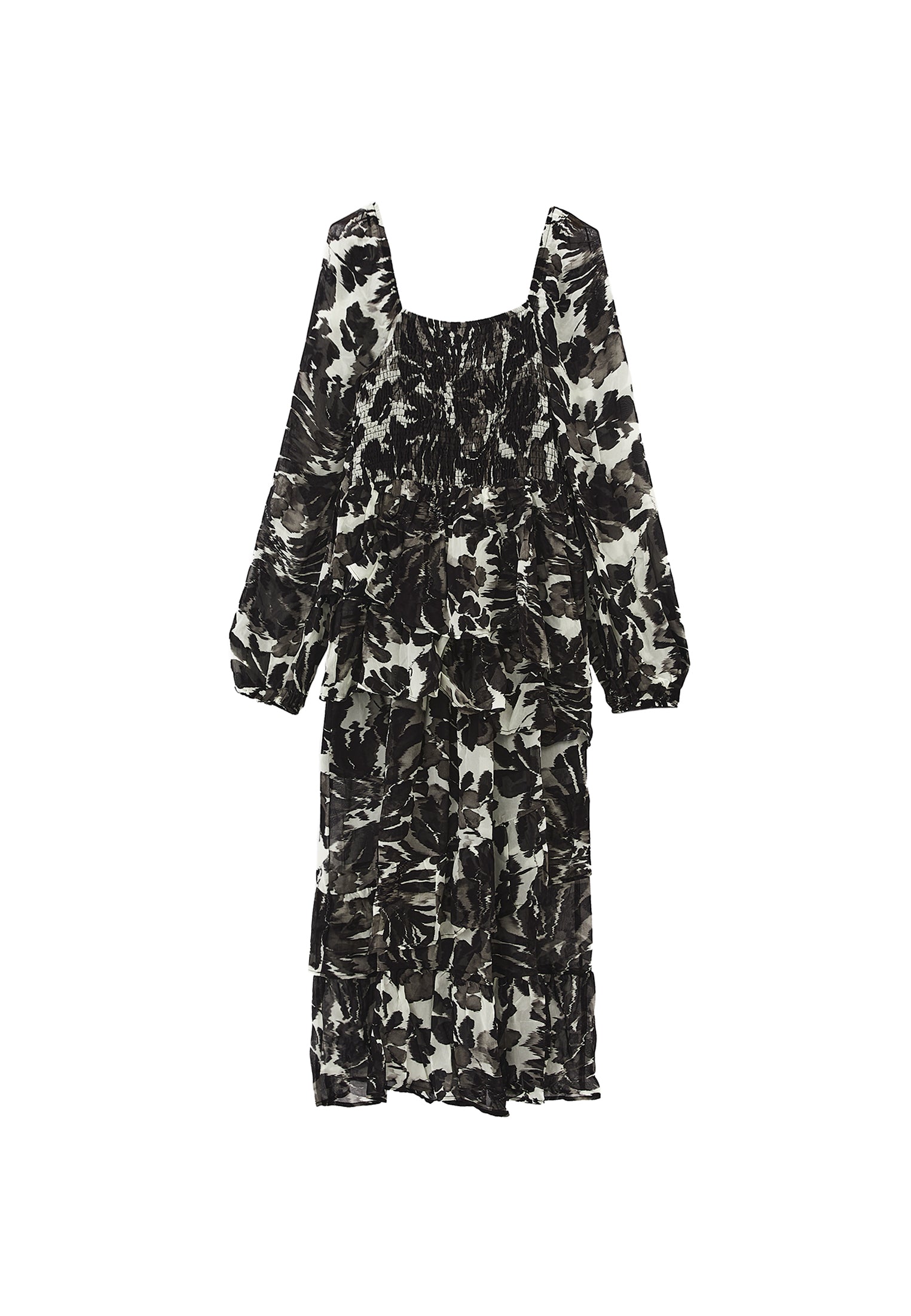 Square Neck Balloon Sleeve Long Dress - FLOWER COMB