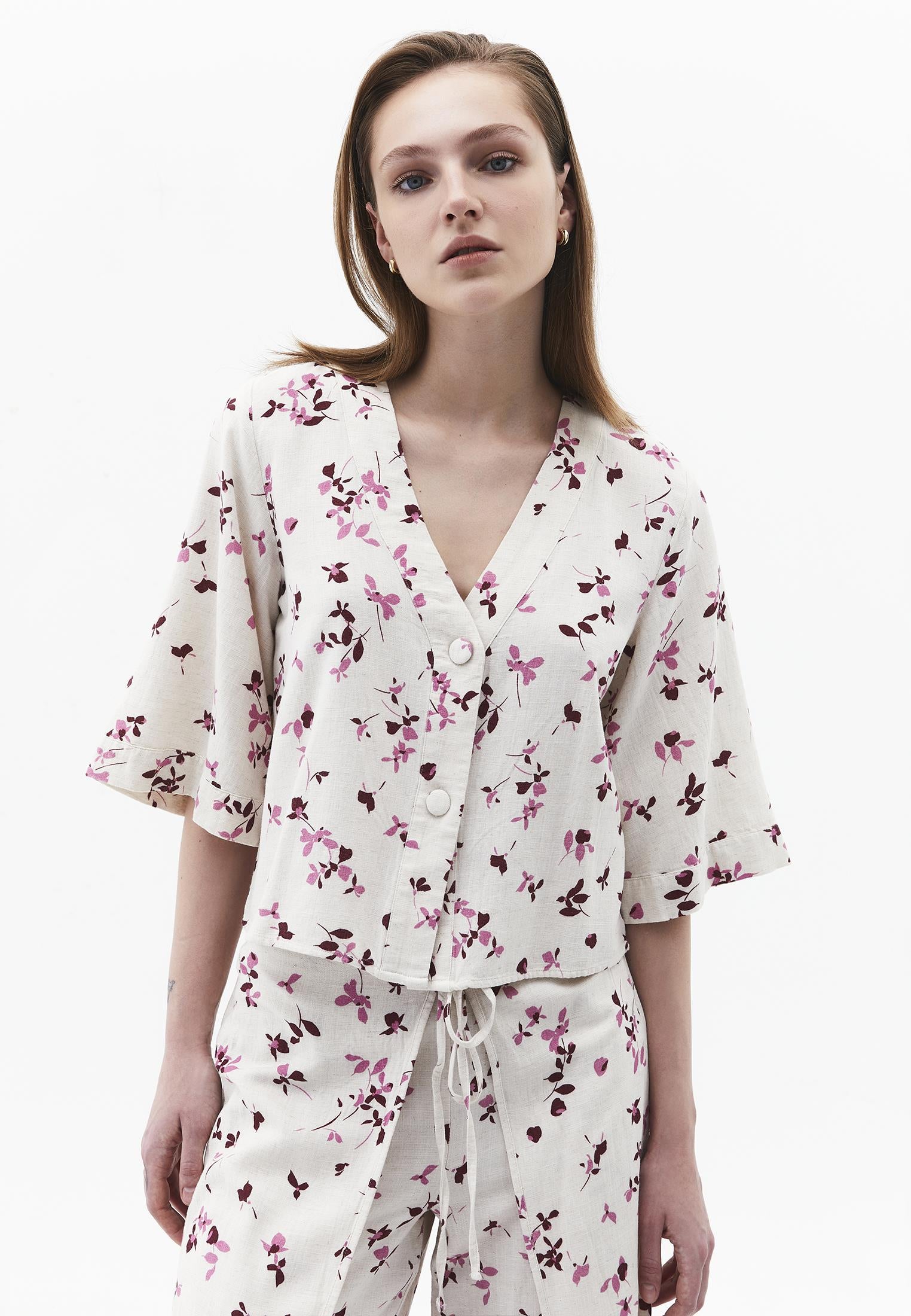 V Neck Button Detailed Blouse - FLOWER PRINT