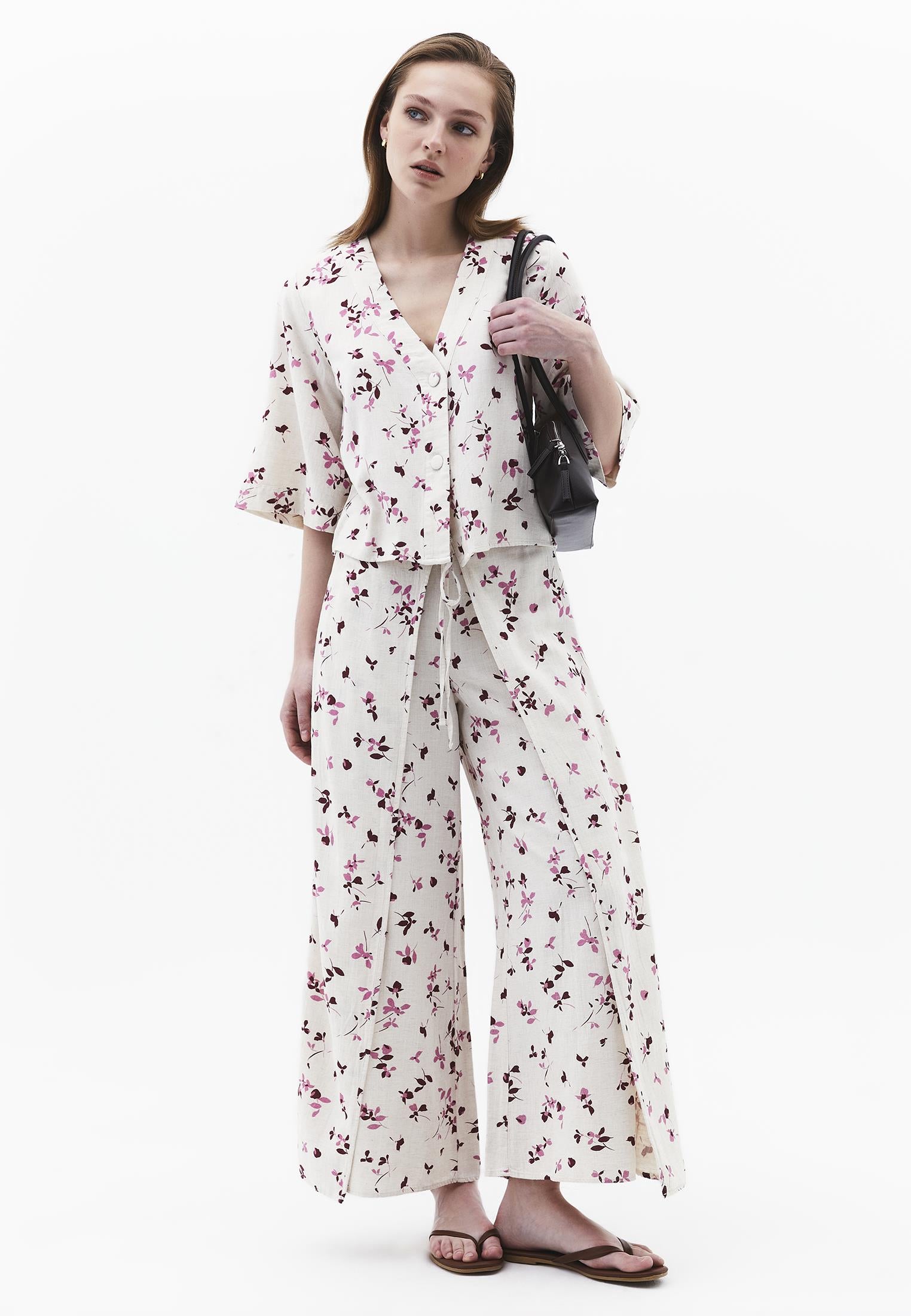 Wide Leg High Waist Trouser With Tie - FLOWER PRINT