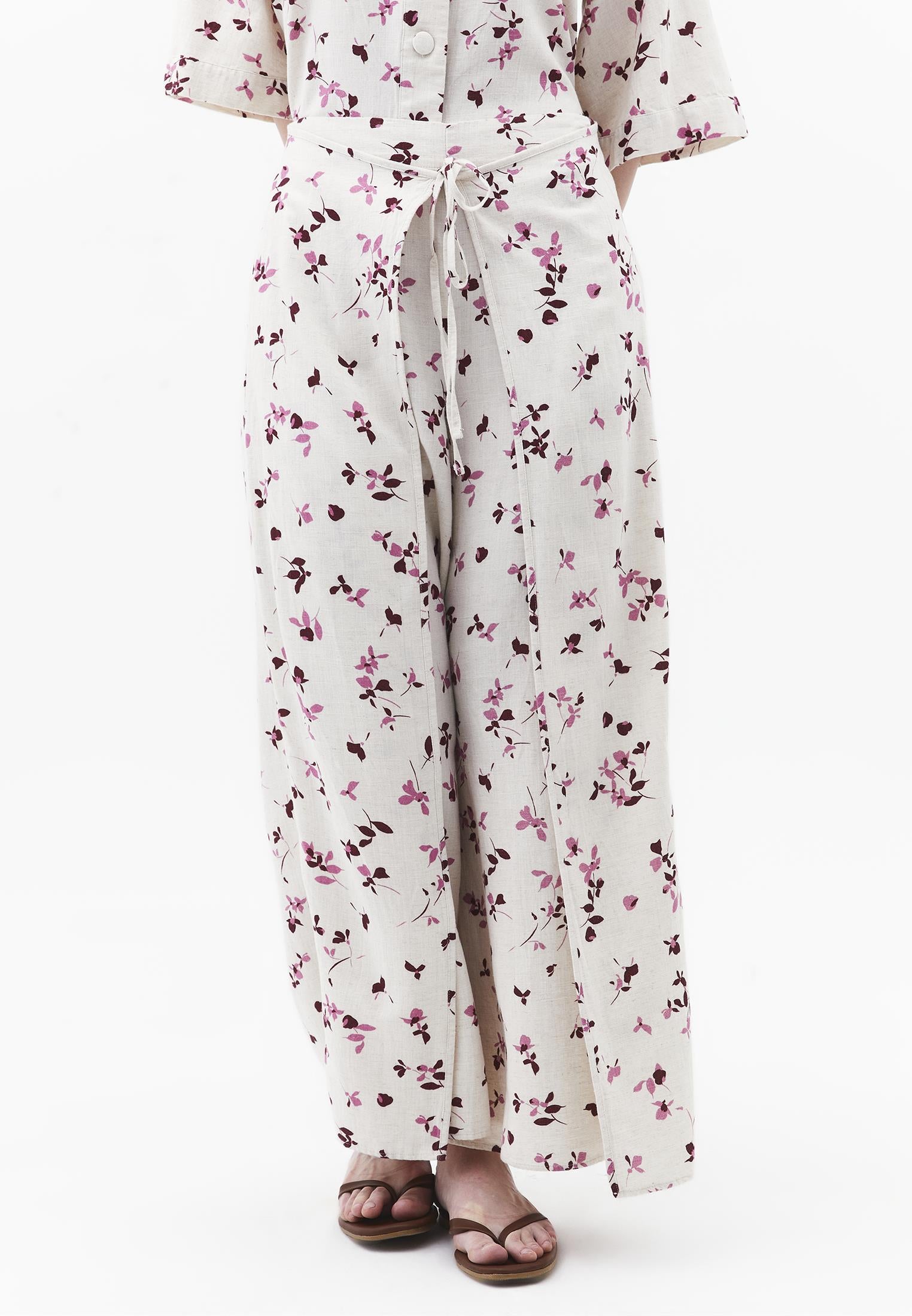 Wide Leg High Waist Trouser With Tie - FLOWER PRINT