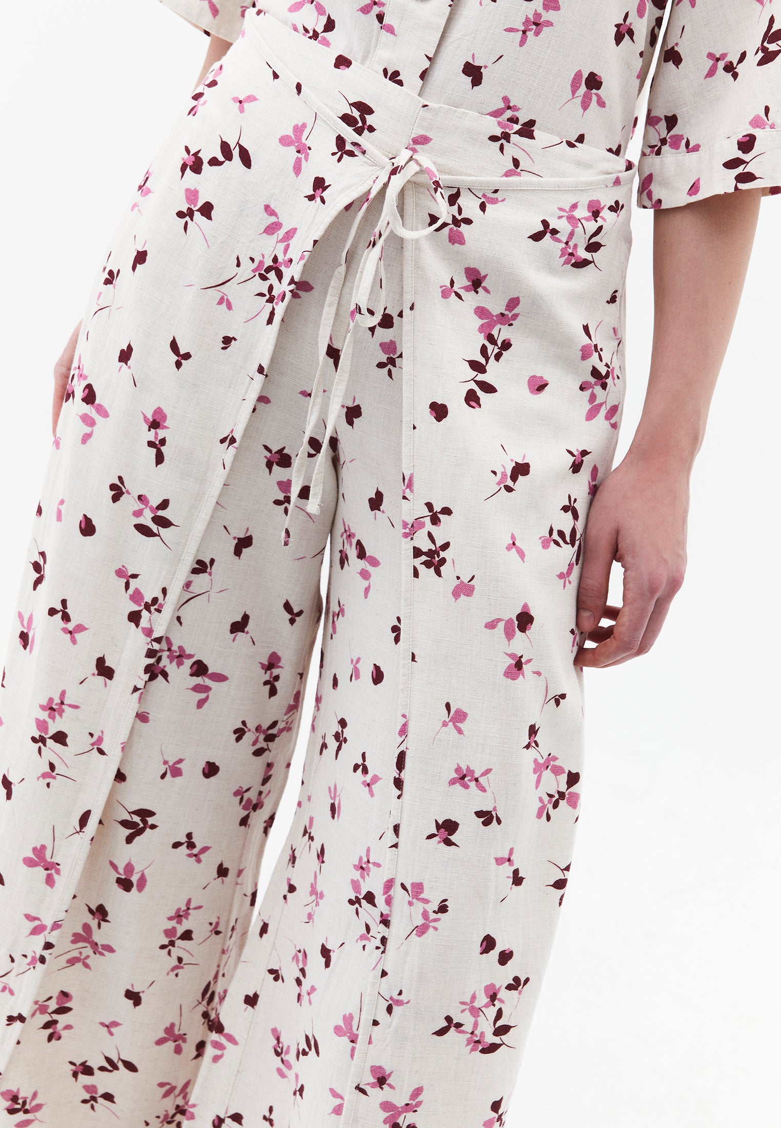 Wide Leg High Waist Trouser With Tie - FLOWER PRINT