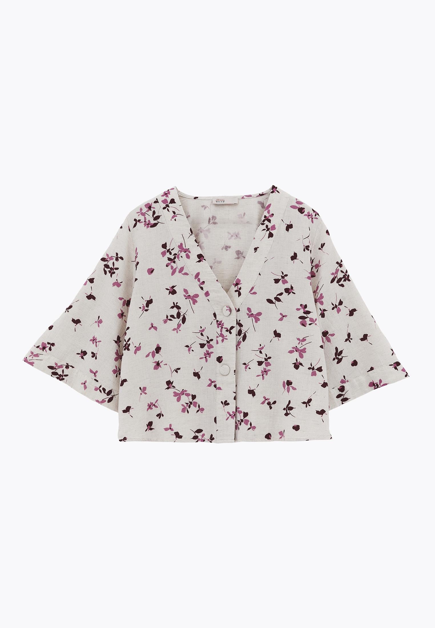 V Neck Button Detailed Blouse - FLOWER PRINT