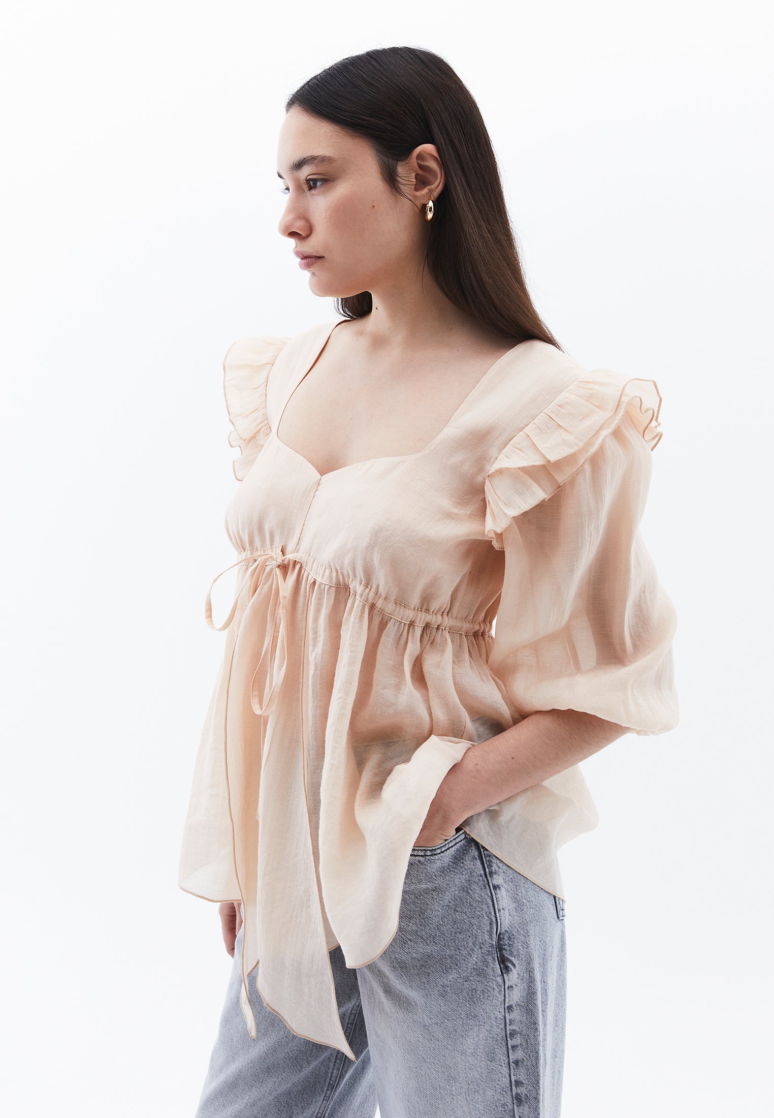 Deep V Neck Ruffle Tie Blouse - FRAPPE
