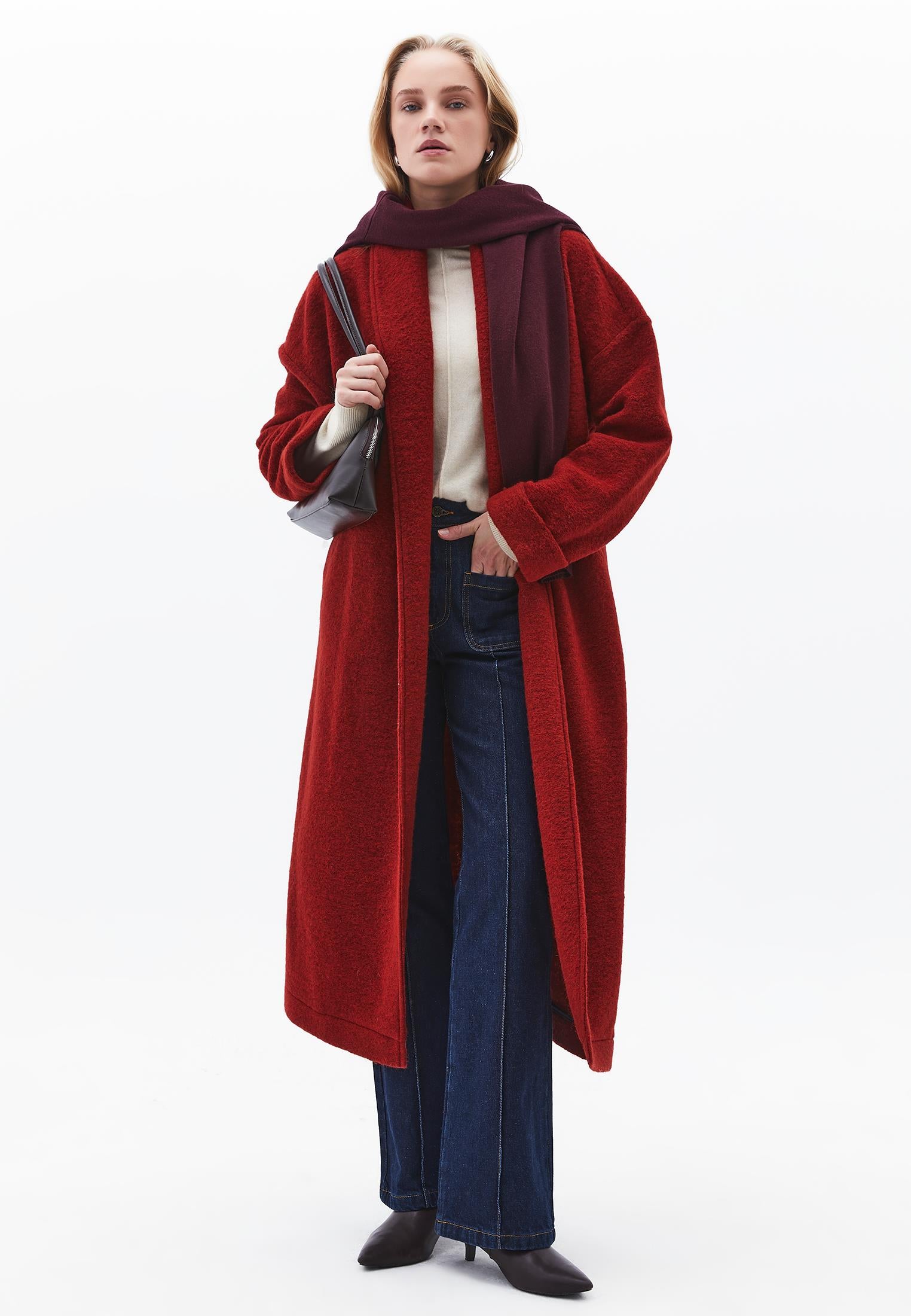 Long Coat With Shawl Collar And Belt Detail - FRIED BRICK