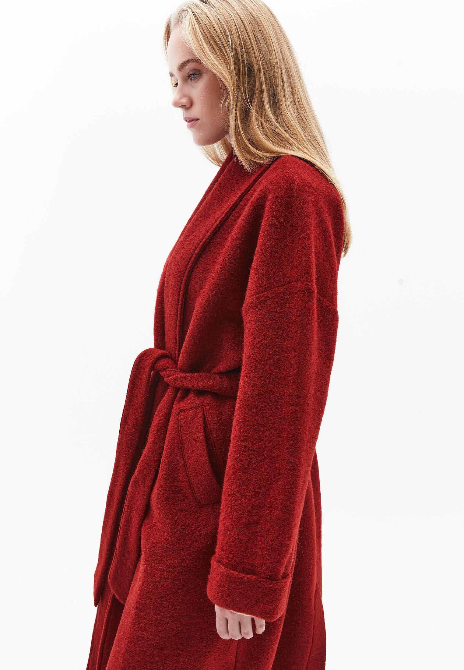 Long Coat With Shawl Collar And Belt Detail - FRIED BRICK