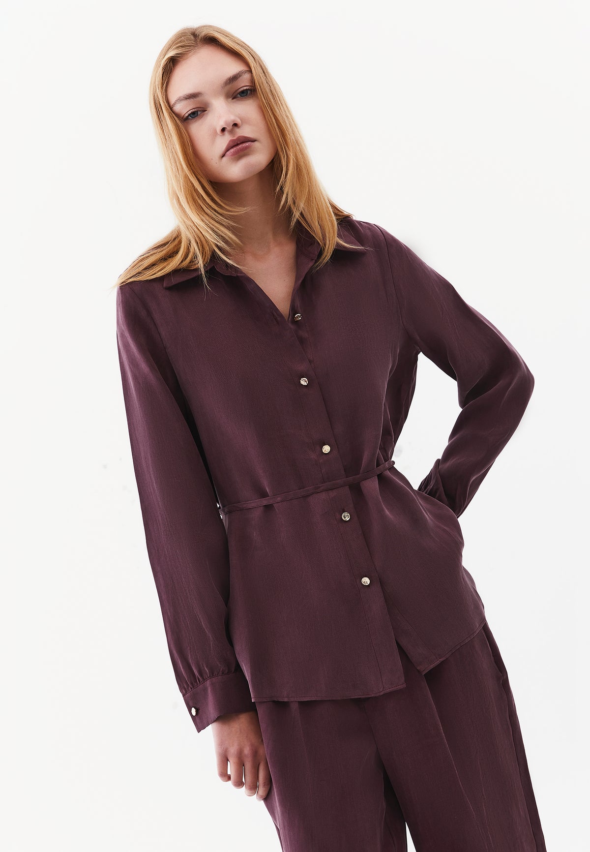Shirt Collar Long Sleeve Shirt with Belt and Button Detail - FUDGE