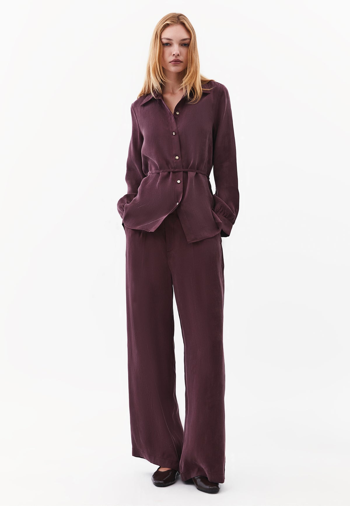 Shirt Collar Long Sleeve Shirt with Belt and Button Detail - FUDGE