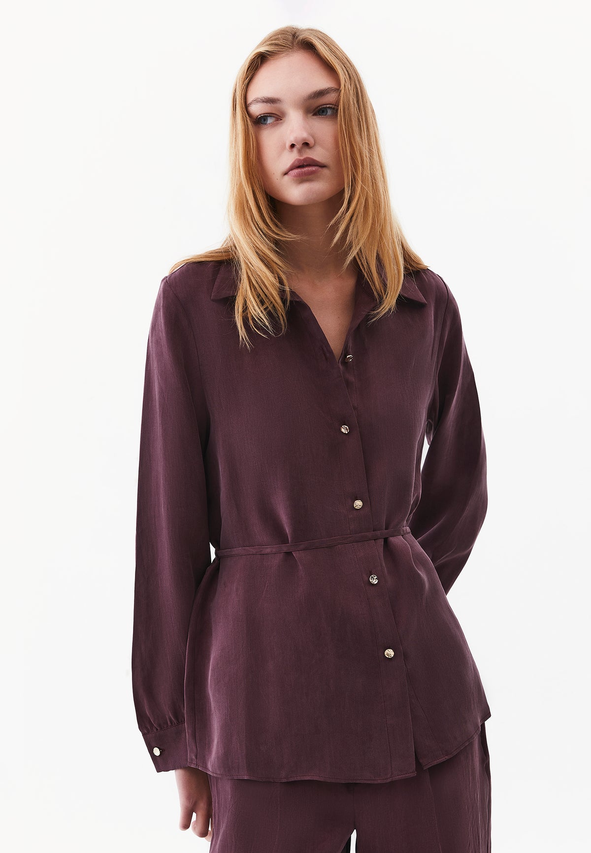 Shirt Collar Long Sleeve Shirt with Belt and Button Detail - FUDGE