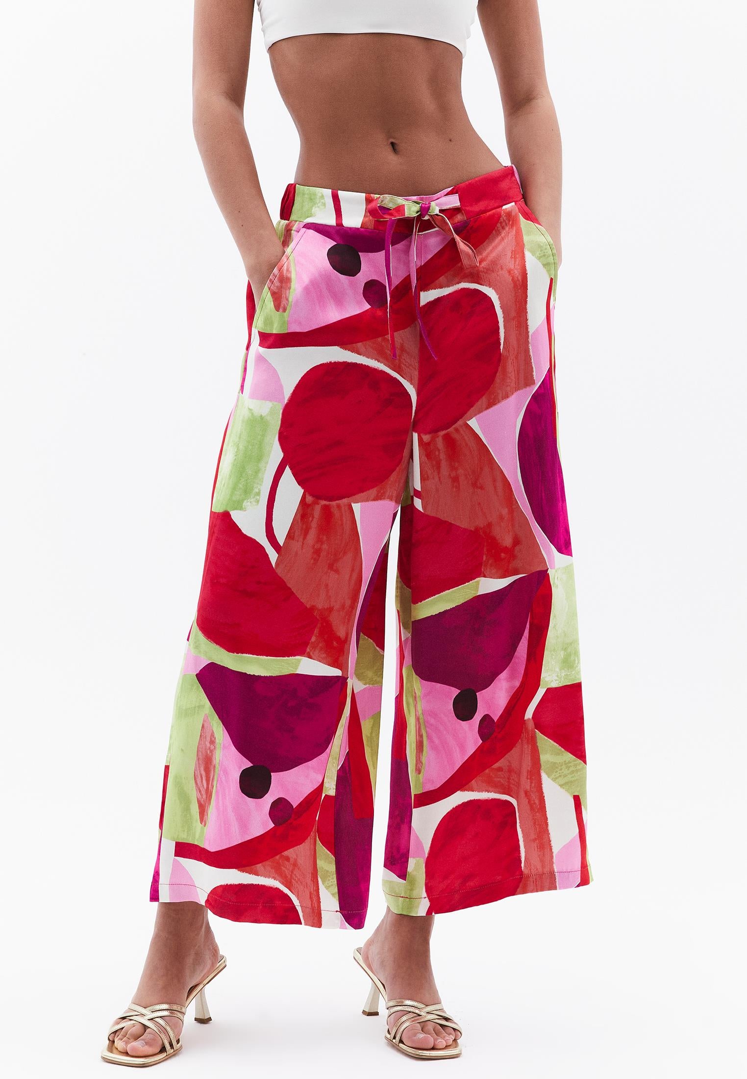 Wide Leg Printed High Waist Pants - GEO COMB
