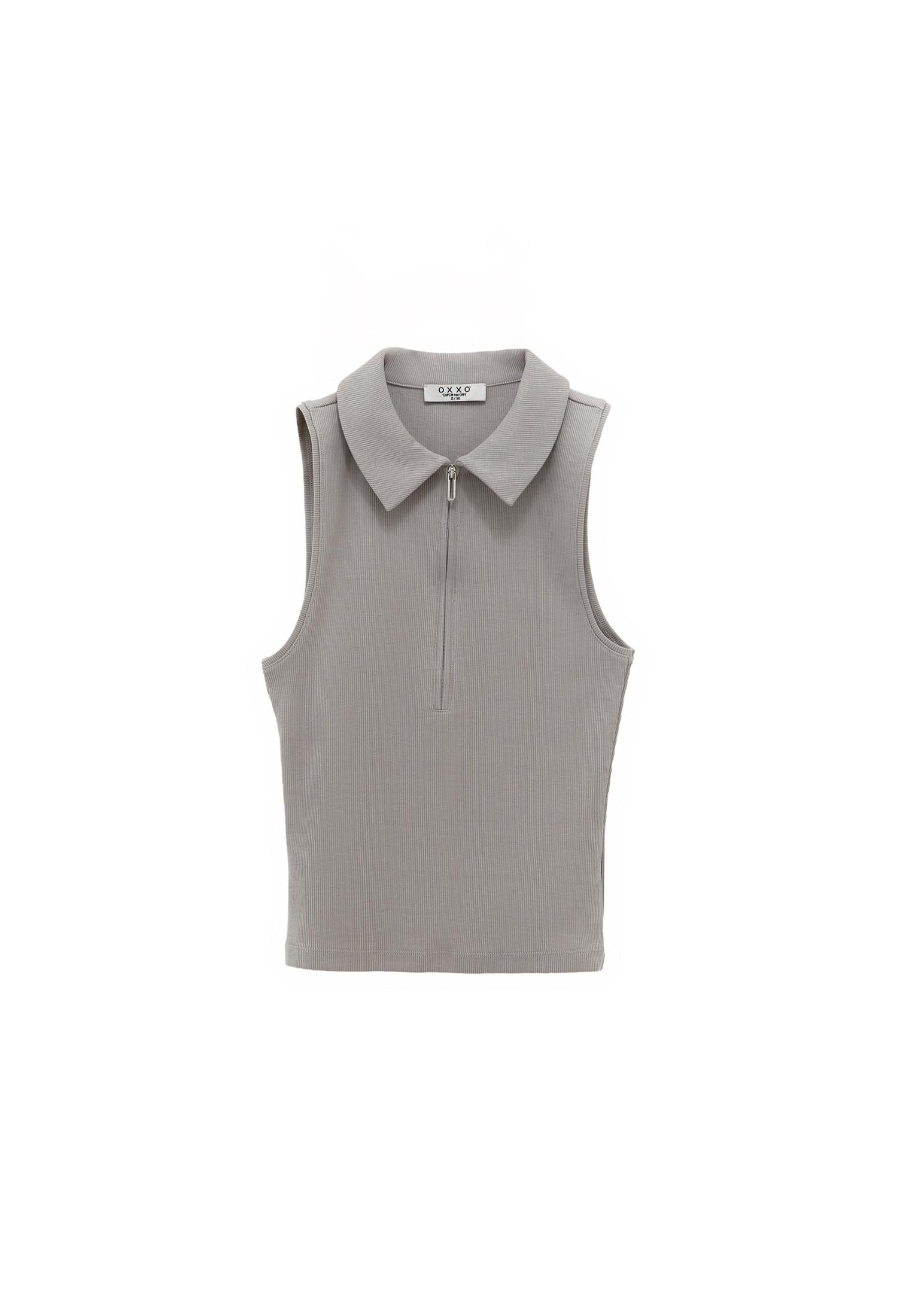 Zip Detailed Polo Collar Tank Top - GHOST GRAY