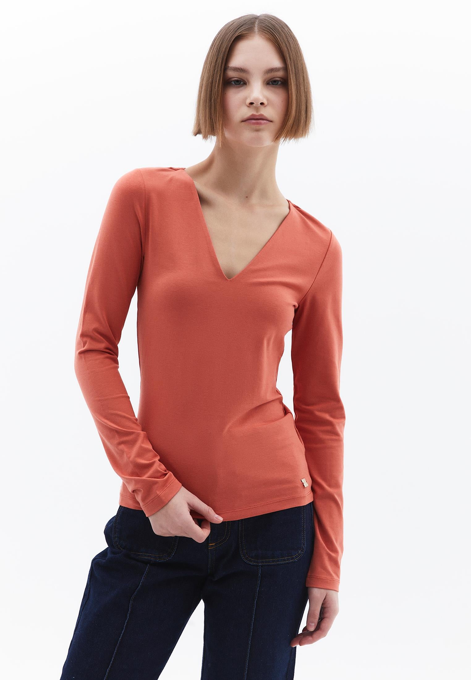 Long Sleeve V Neck Bodycon T-Shirt - GINGER SPICE